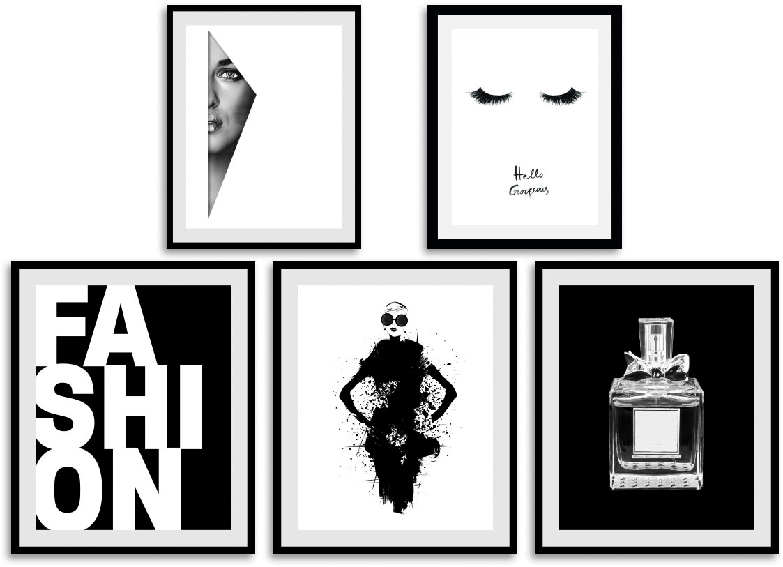 queence Bild »Modeskizzen«, Abstrakt-Schwarz-Weiß-Fashion-Mode-Magazincover-Frau-Bilder von Frauen-Schriftzug-Sprüche & Texte, (5 St.), HD Premium Poster-Druck inkl. Holzrahmen - 5er Set