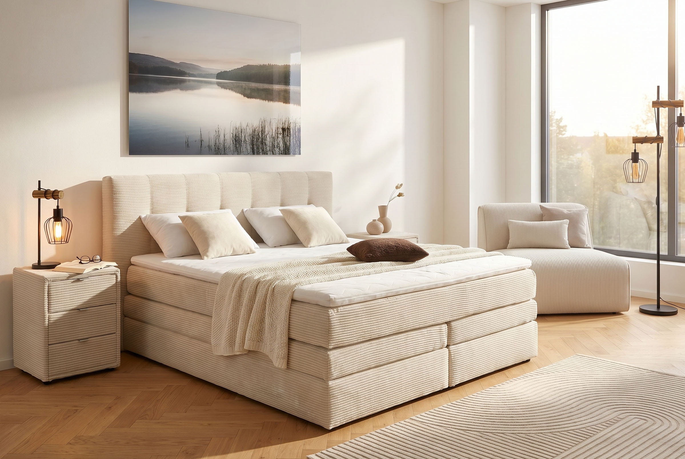Jockenhöfer Gruppe Boxspringbett »AMY mit Bettkasten, inkl. Bonnell- oder Taschenfederkernmatratze H3-H4« mit 6 cm Kaltschaum-Topper, Cord-Bezug, 180x200 und 200x200 cm