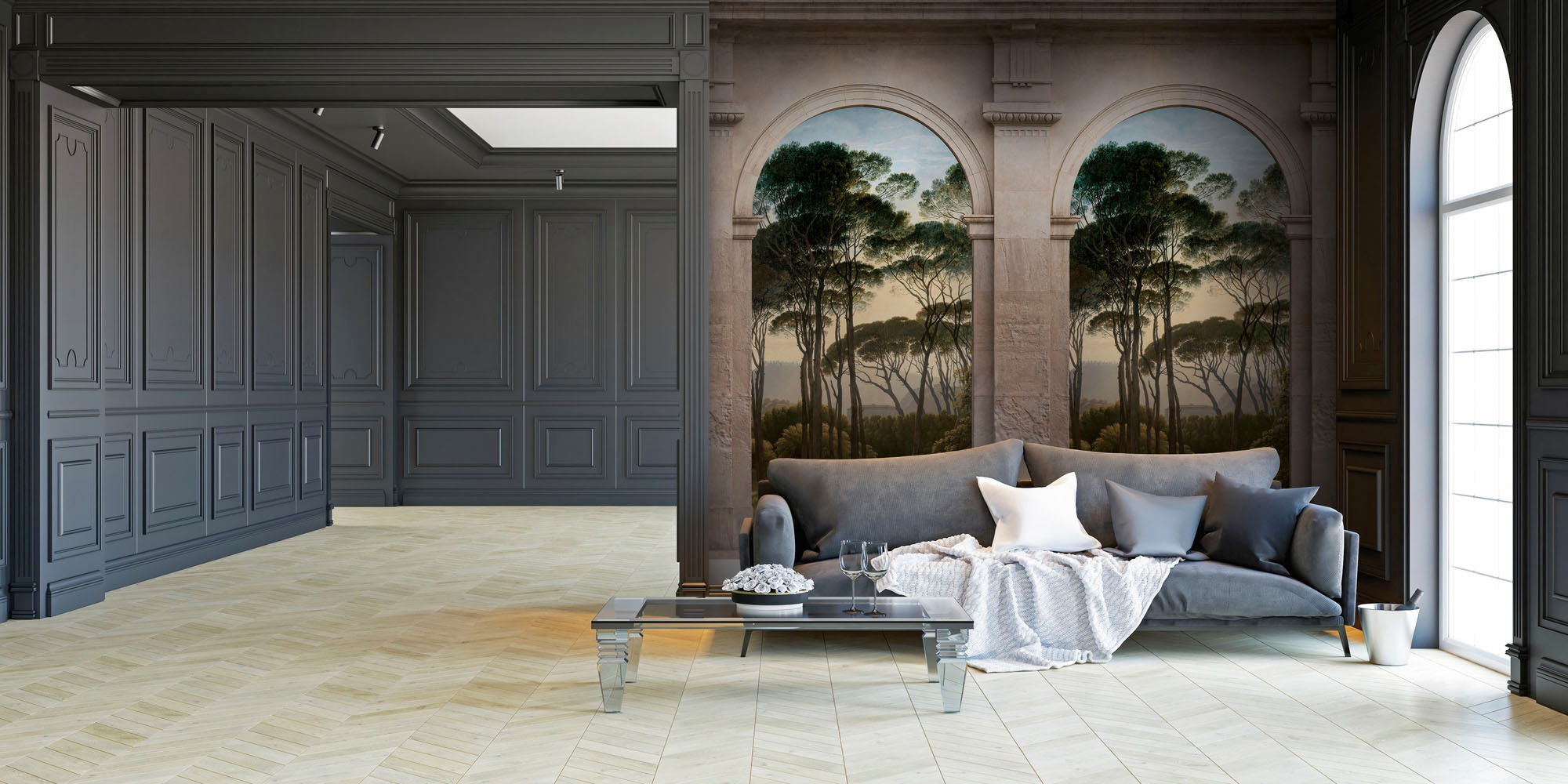 living walls Fototapete »The Wall«, Retro-Kunst-natürlich, Fototapete Wald Tapete Landschaft Tapeten Wohnzimmer Design Wandtapete