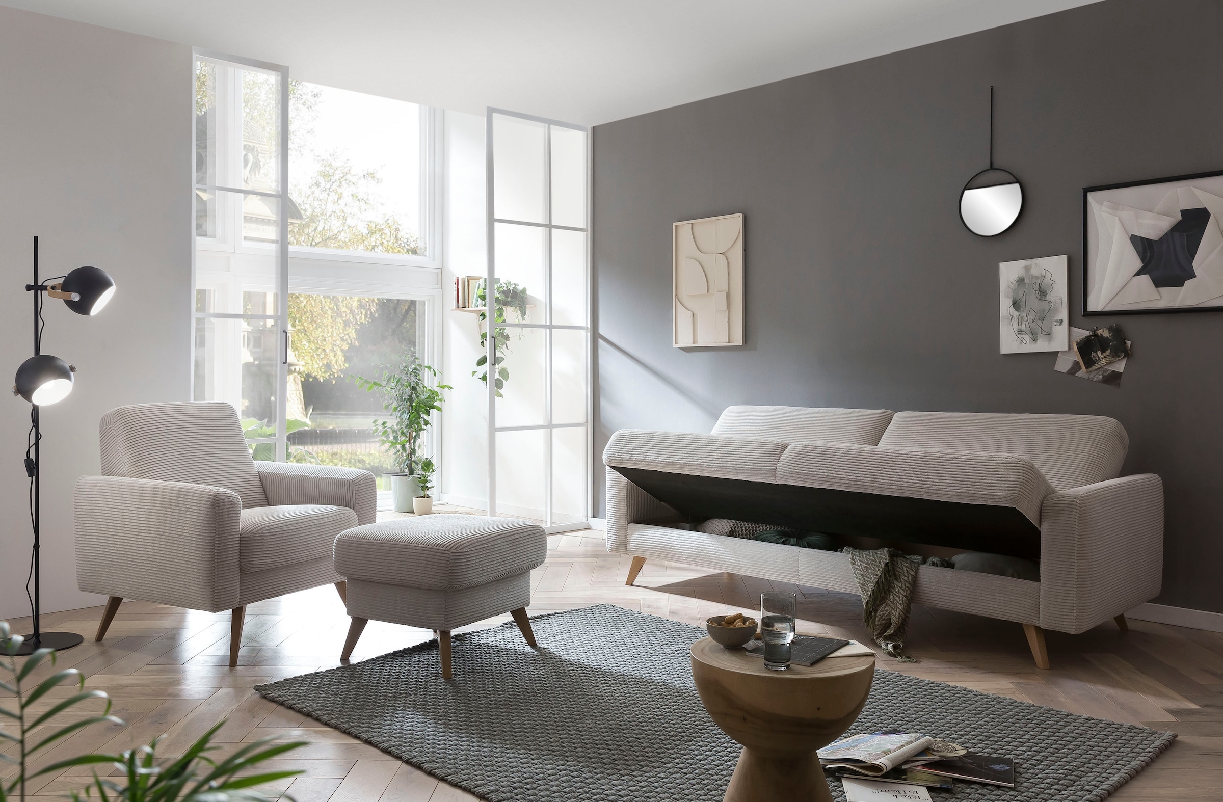 exxpo - sofa fashion 3-Sitzer »Samso, elegant und bequem, aktueller Cord Bezug, Kippcouch«, hochwertige Verarbeitung, Schlafsofa inkl. Bettfunktion und Bettkasten