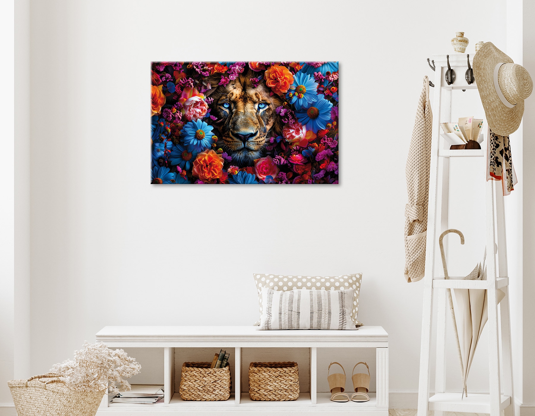 Bönninghoff Leinwandbild »Wandbild LÖWE BLUMENKRANZ 60x90 cm – Leinwandbild Keilrahmen Deko« Blumen | Blumenbilder | Kunst | Löwe | Löwen | Pflanzen | Pflanzenbilder | Raubkatzen | Tiere 1 Stk. tlg. auf Keilrahmen gespannt
