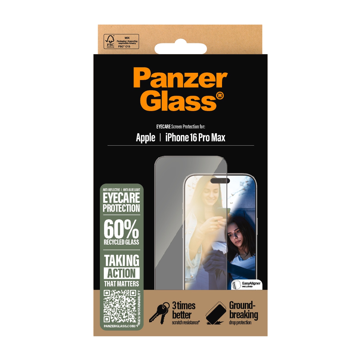 PanzerGlass Displayschutzglas »EyeCare Screen Protection« für Apple iPhone 16 Pro Max Displayschutzfolie, Schutzfolie, Bildschirmschutz, kratz- & stoßfest