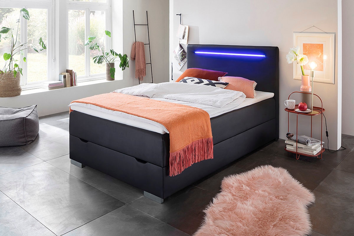Bild von meise.möbel Boxspringbett »Las Vegas 2«, inkl. LED Beleuchtung im Kopfteil, mit Bettkasten und Topper
