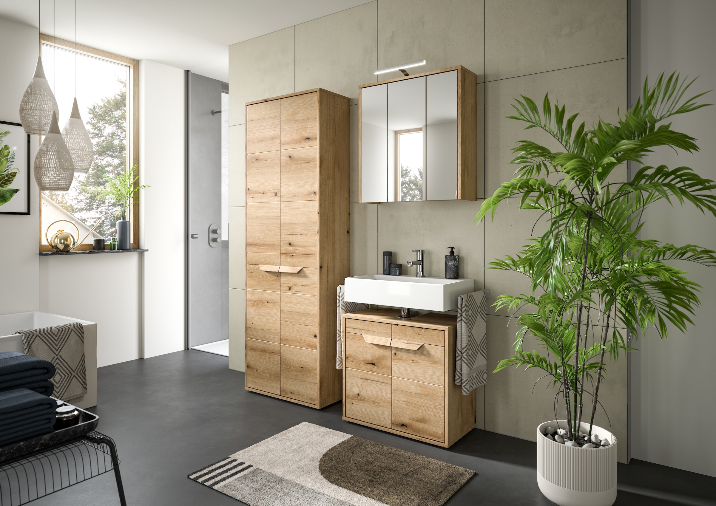 welltime Badmöbel-Set »Kayu, bestehend aus: Hochschrank, Waschbeckenunterschrank,«, Spiegelschrank, hochwertige MDF Front mit Rillenfräsung, Bad, Bad Set