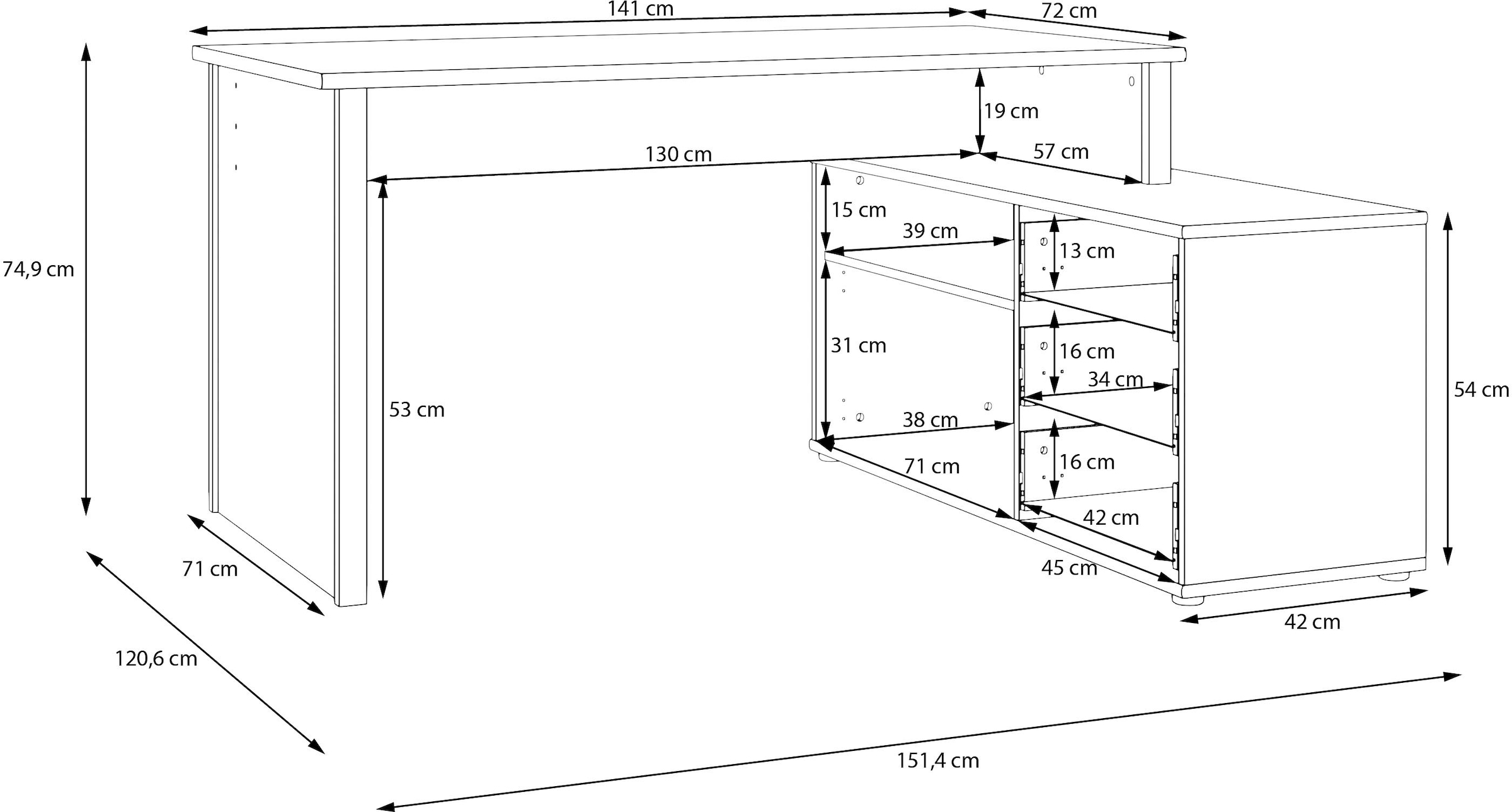 FORTE Eckschreibtisch »Tempra« viel Stauraum, Breite 151 cm