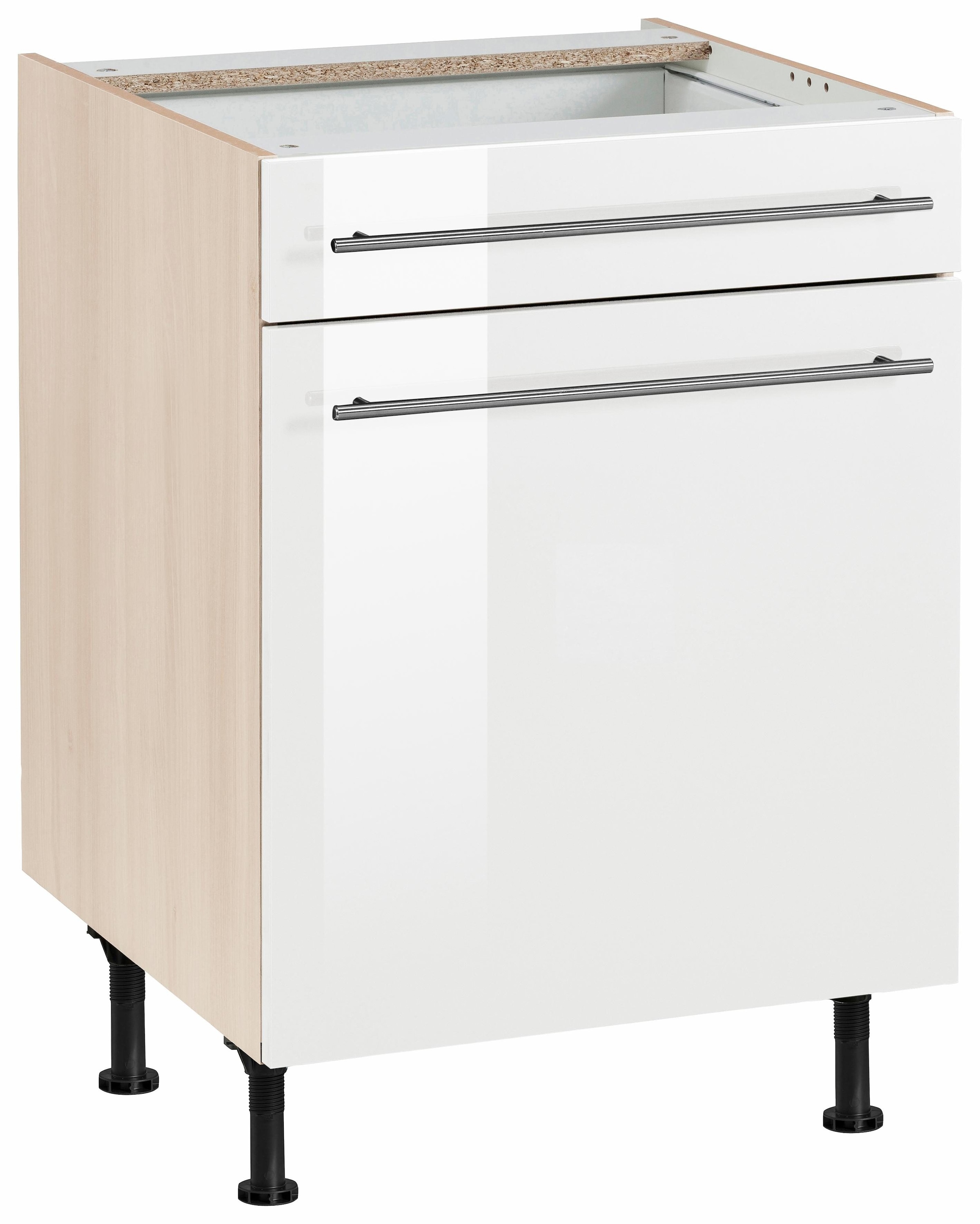 OPTIFIT Unterschrank »Bern« 60 cm breit, mit Tür und Schubkasten, mit höhenverstellbaren Füßen weiß Hochglanz/akaziefarben akaziefarben