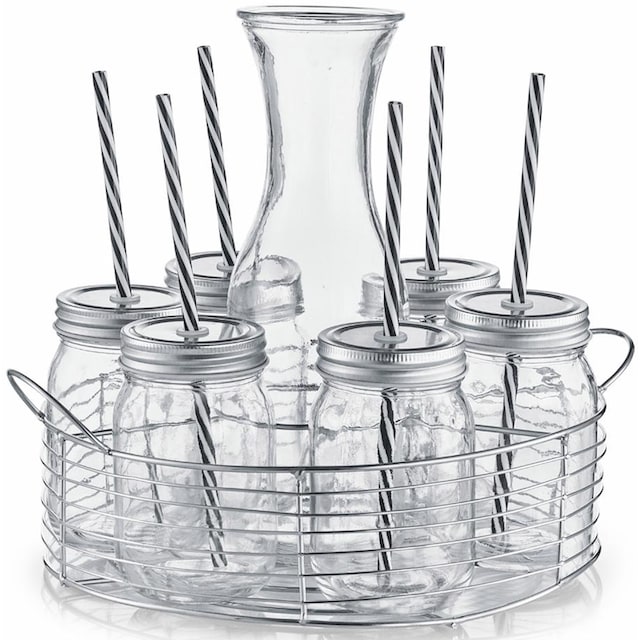 Zeller Present Gläser-Set, (Set, 7 tlg.), je 6 Gläser, Deckel, Strohhalme,  in praktischem Metallkorb im Online-Shop kaufen