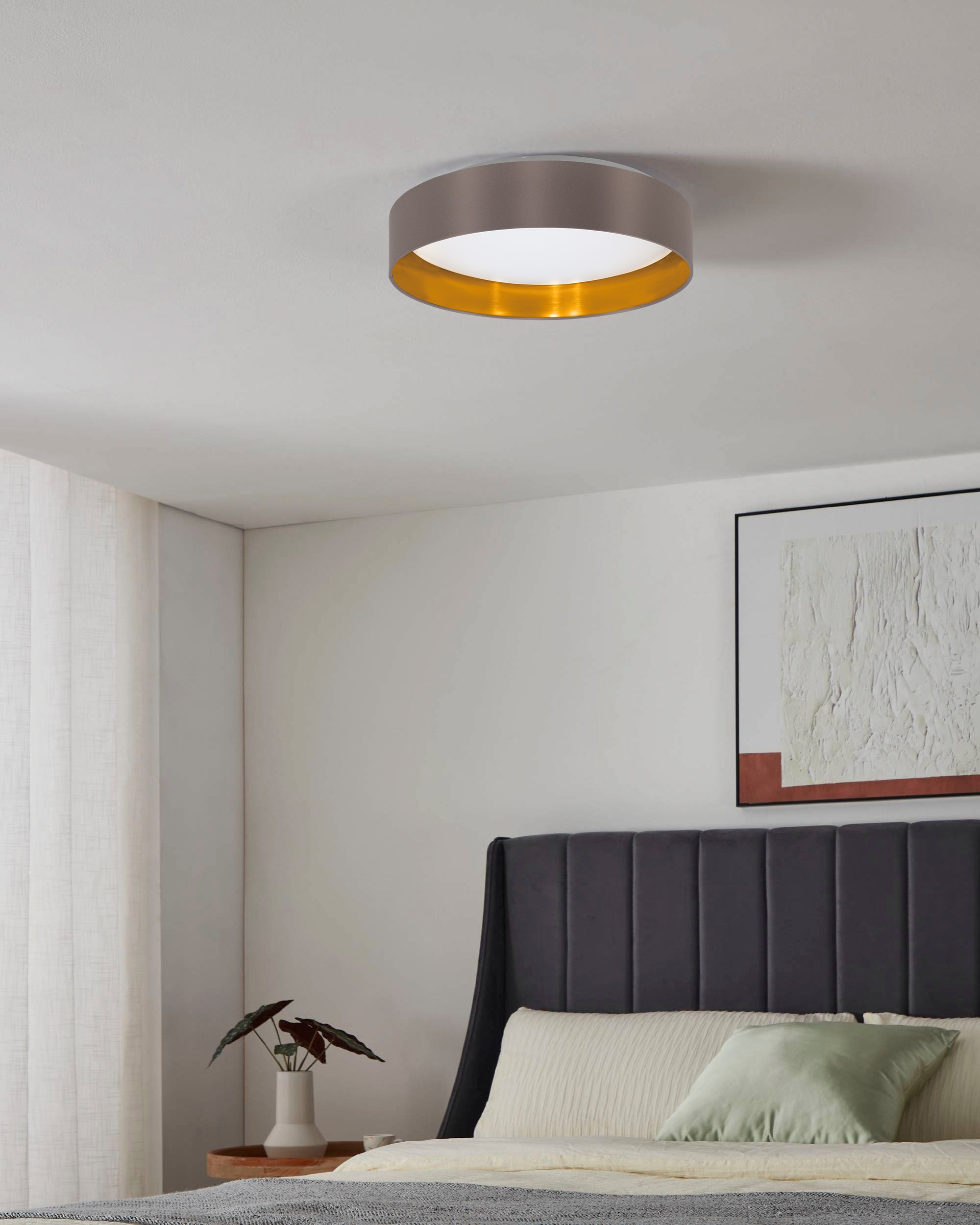 Leonique LED Deckenleuchte »Juria«, 1 flammig, Leuchtmittel LED-Modul | LED fest integriert, Deckenlampe Ø38 x H9 cm mit Textil-/Stoffschirm, CCT, Fernbedienung