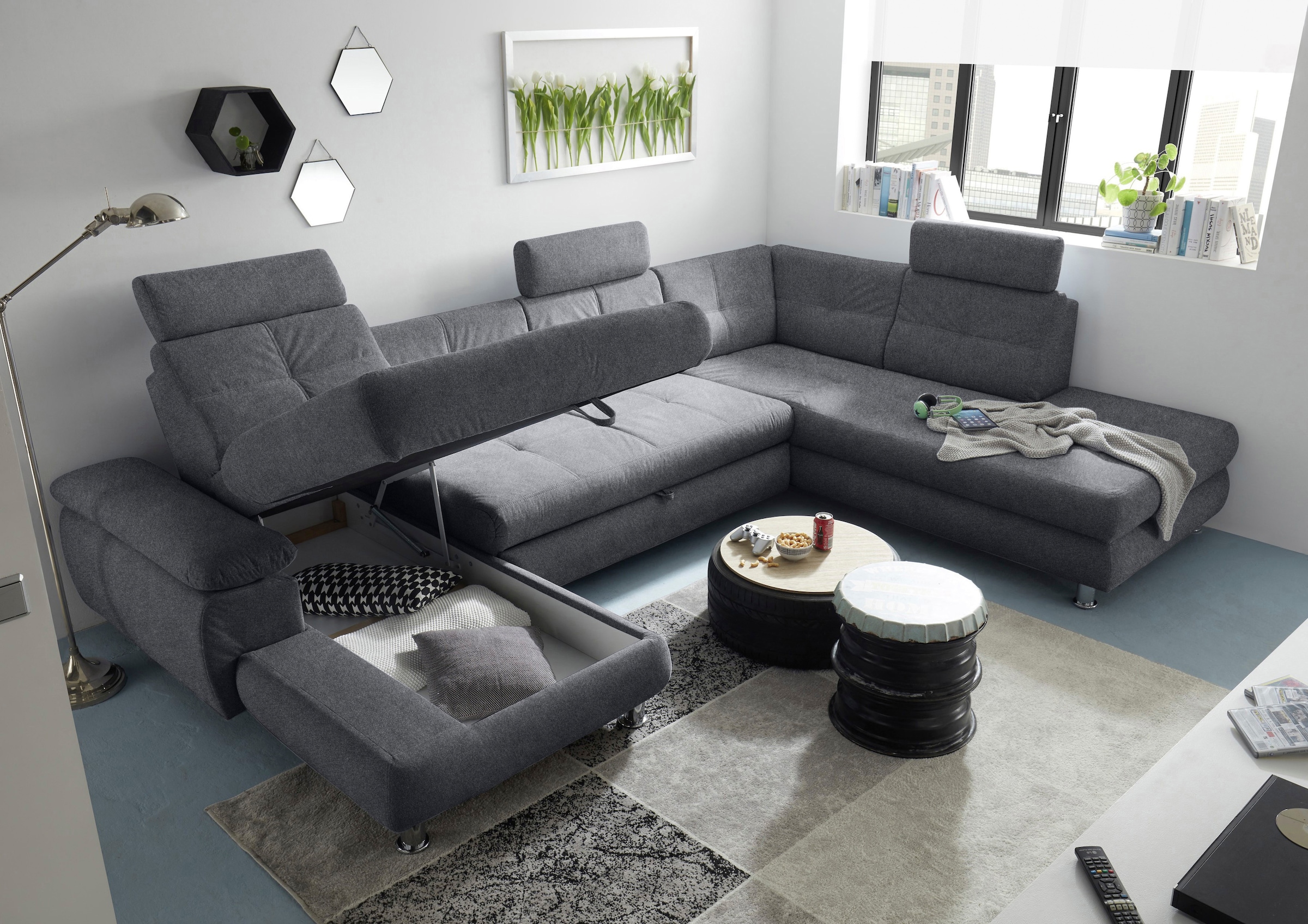 ED EXCITING DESIGN Wohnlandschaft »Alba U-Form«, mit Bettfunktion, Bettkasten, Armteilverstellung & Kopfstützen