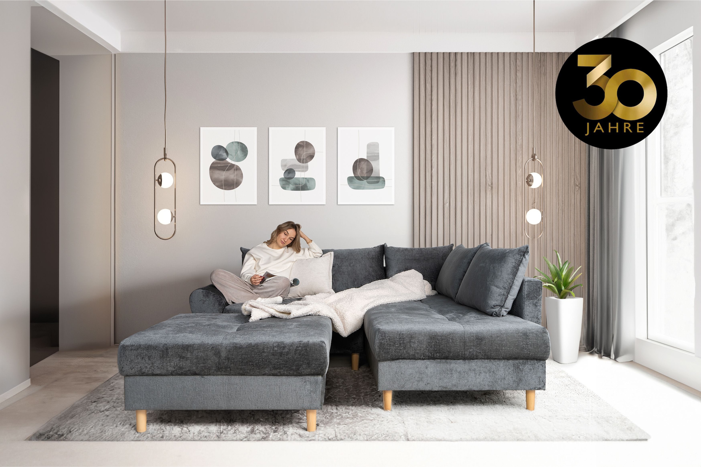 COLLECTION AB Ecksofa »Reims L-Form«, Ottomane beidseitig montierbar, inkl. Bettfunktion und Hocker