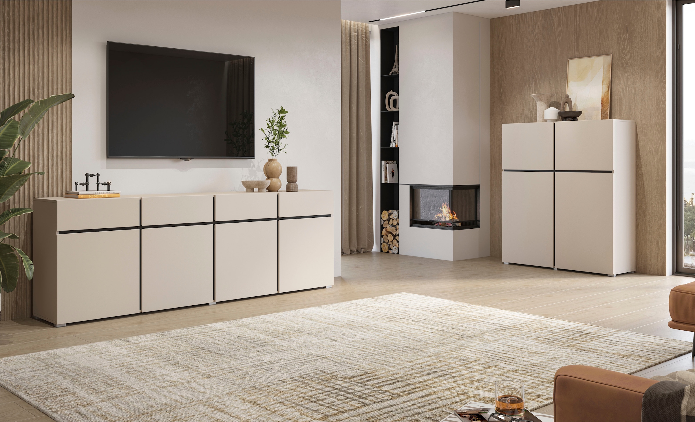 OTTO home Hochkommode »Cross,Breite 119,5 cm, moderne grifflose Hochkommode mit 4 Türen« Hochschrank mit viel Stauraum, Einlegeböden verstellbar