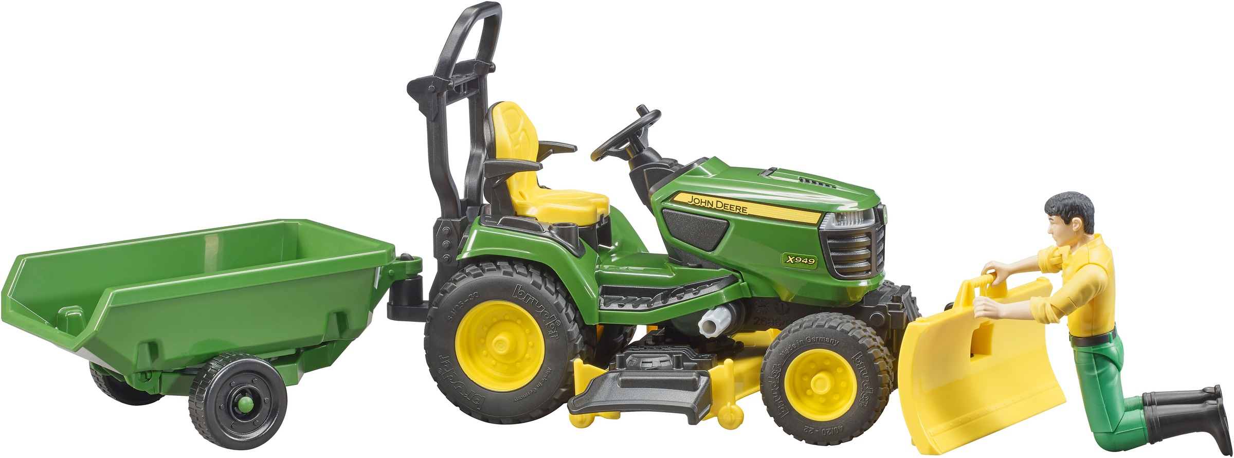 Bruder® Spielzeug-Traktor »bworld John Deere Aufsitzrasenmäher mit Anhänger und Gärtner (62104)« Made in Europe