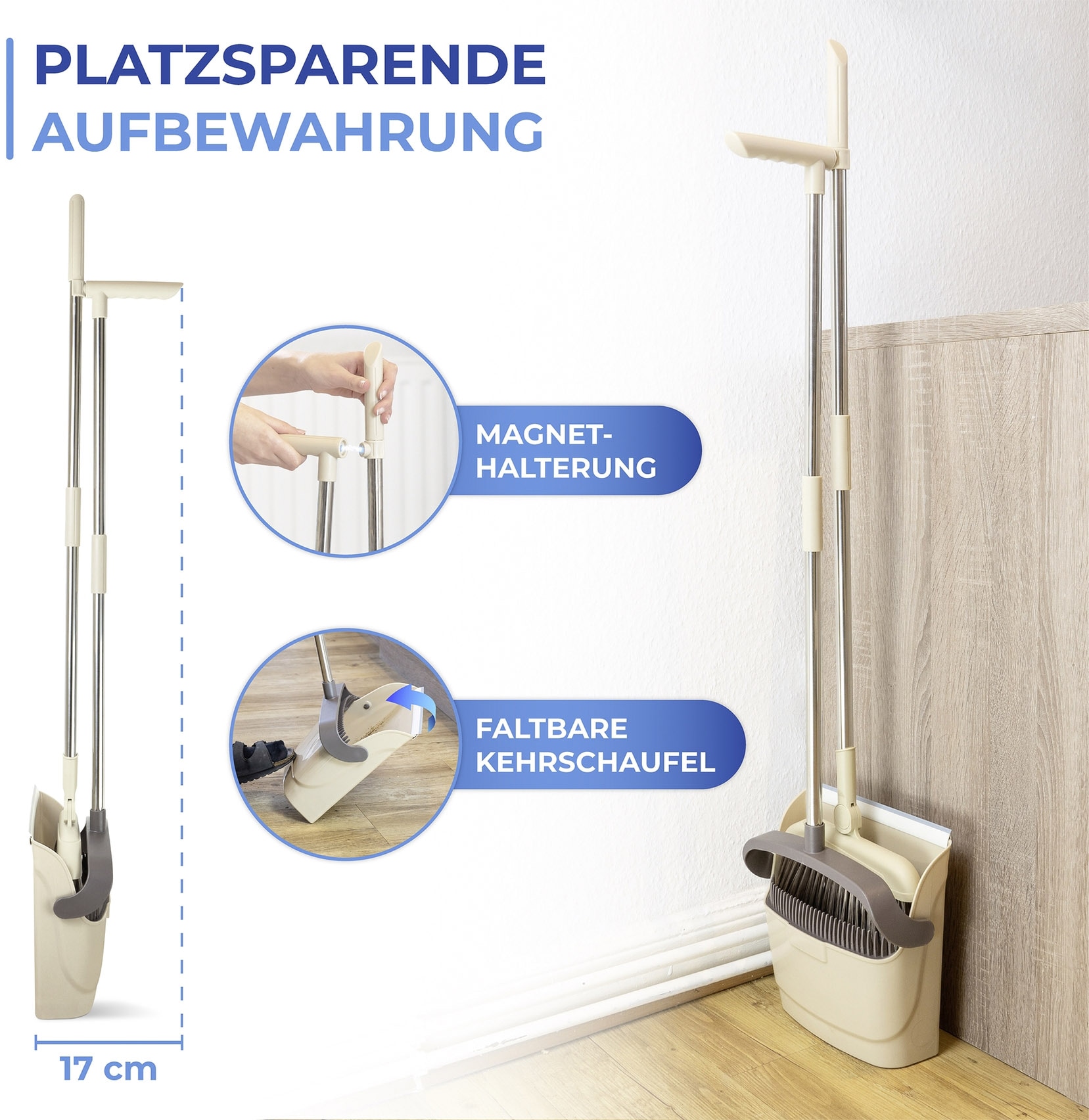 Maximex Kehrgarnitur »Modell Flexi«, Komplett-Set, 2 St., aus Edelstahl, 180° drehbare Eck-Kehrgarnitur mit Teleskop-Stiel, rückenschonend