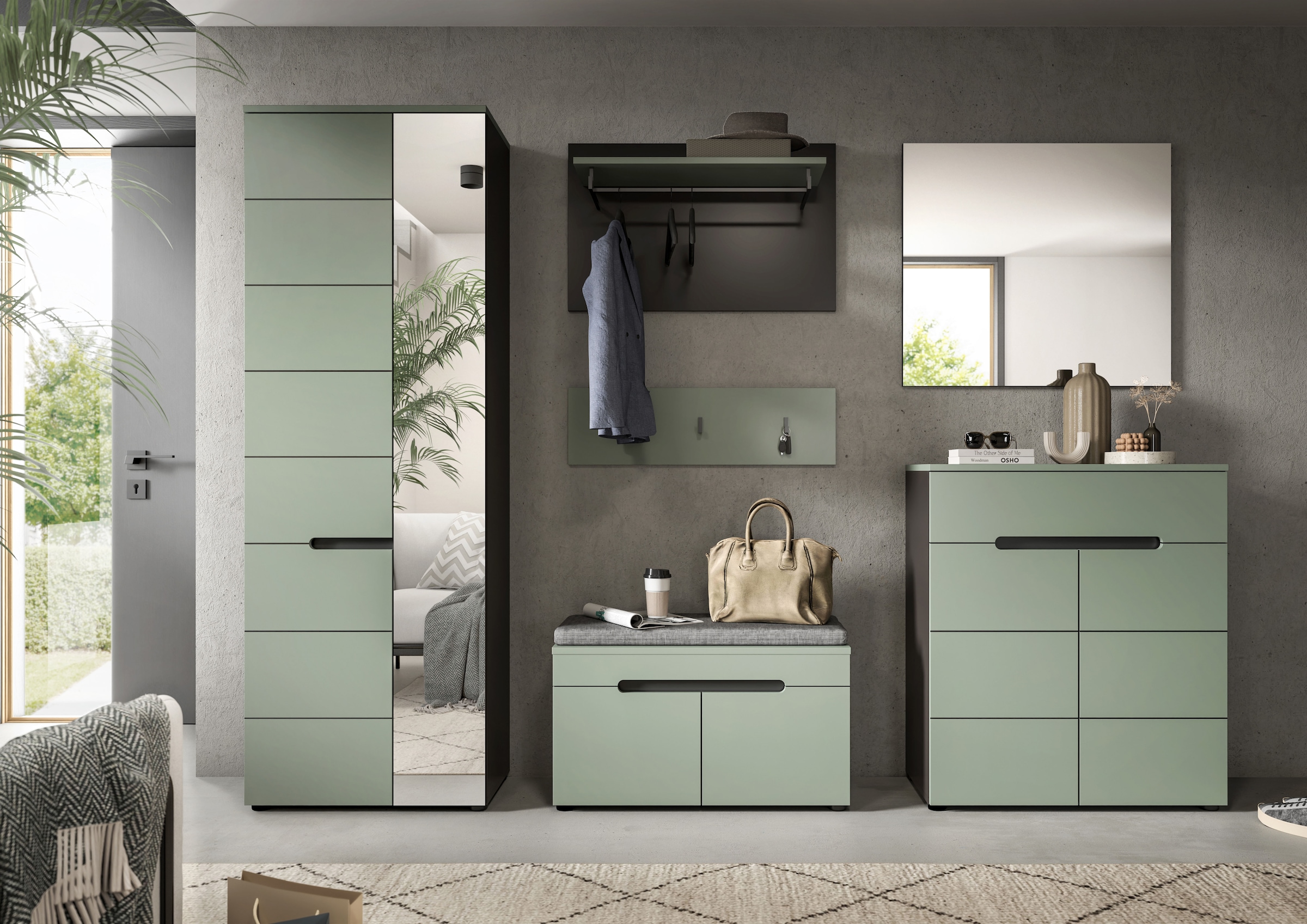 INOSIGN Garderoben-Set, (Set, 6 St., Schrank, Sitzbank, Sitzkissen, Paneel, Hakenleiste, Spiegel, Kommode), Garderobenkombination, Kombination, Set, Flurgarderobe, Diele