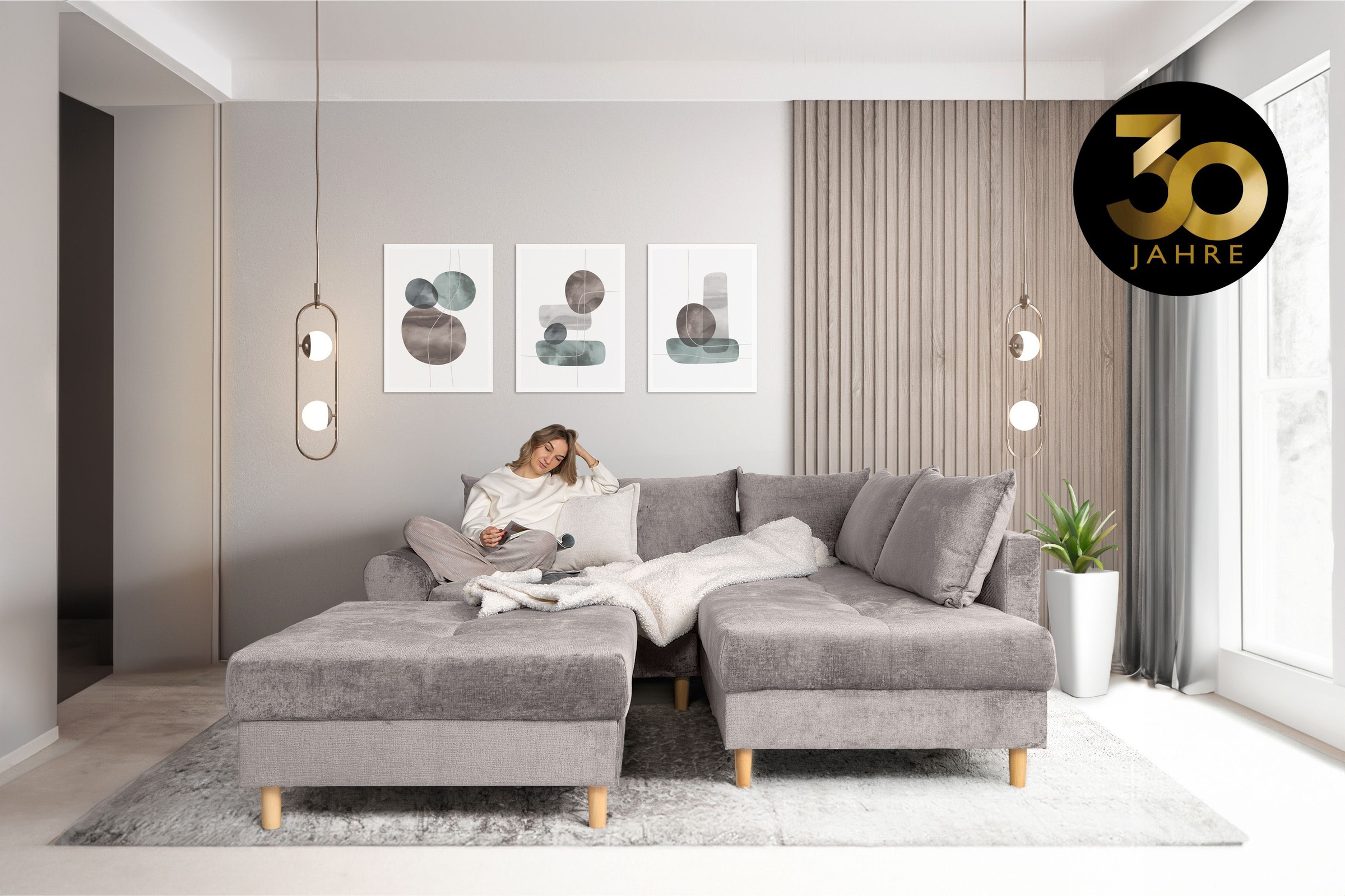 COLLECTION AB Ecksofa »Reims L-Form«, Ottomane beidseitig montierbar, inkl. Bettfunktion und Hocker