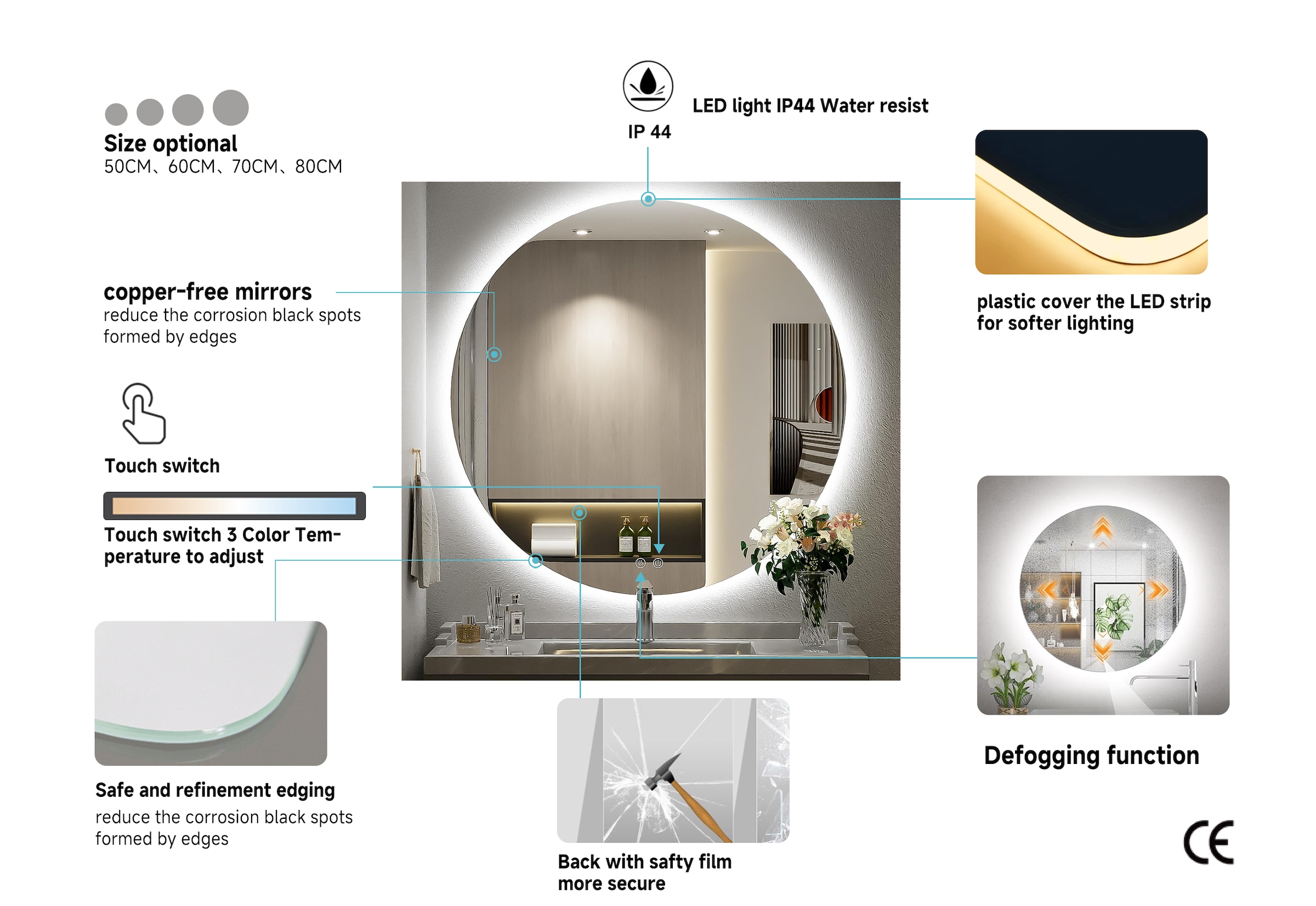 welltime LED-Lichtspiegel »Toledo rund, Spiegel mit LED Beleuchtung, Badspiegel«, mit Anti-Fog Beschichtung