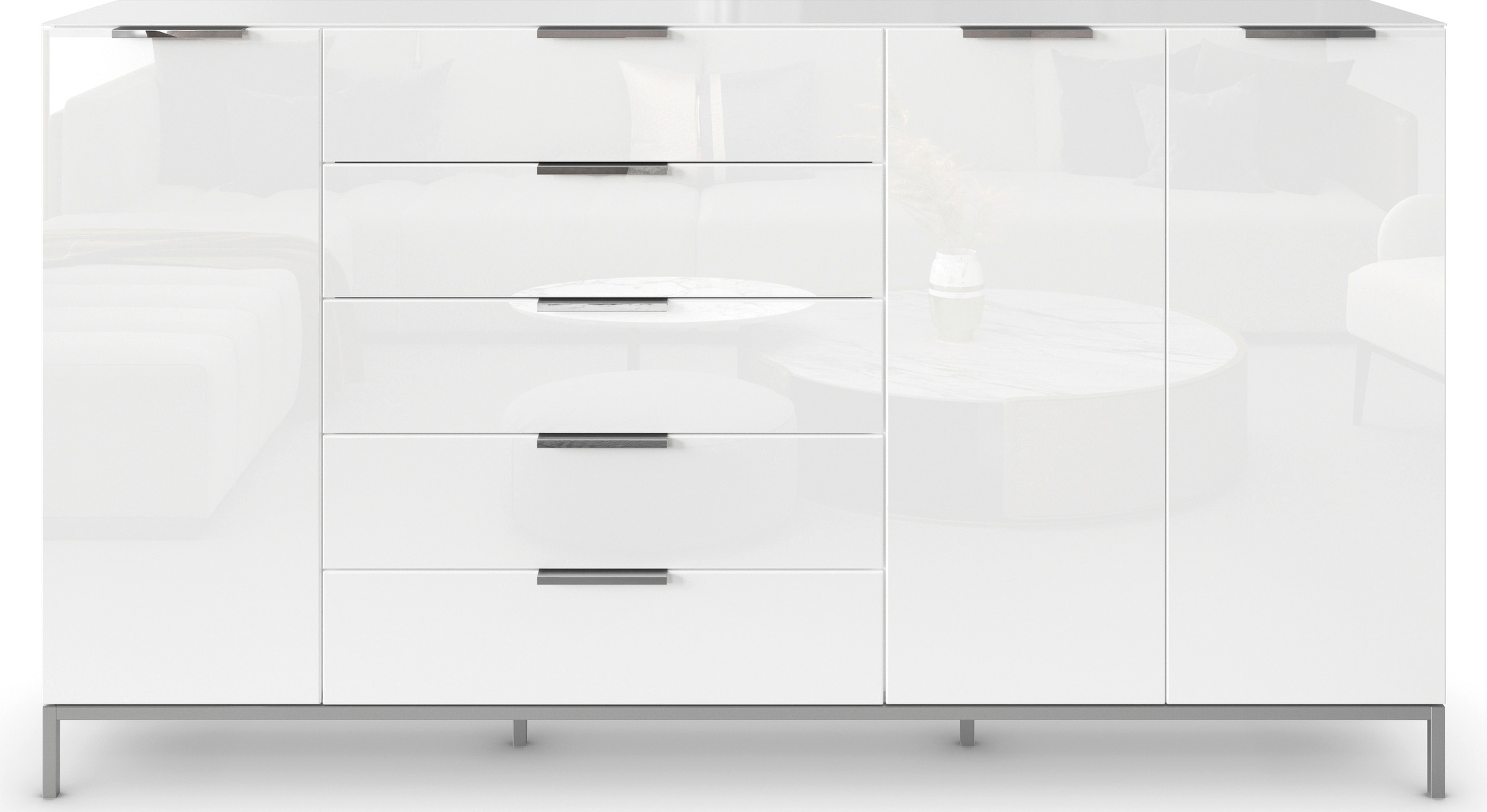 rauch Kombikommode »Kommode Türkommode Sideboard Kombikommode FLIPP mit Glasfront«, (Breite 200 cm mit 4 Einlegeböden), 3-türig, 5 Schubladen, Soft-Close-Funktion, Oberboden und Front Glas