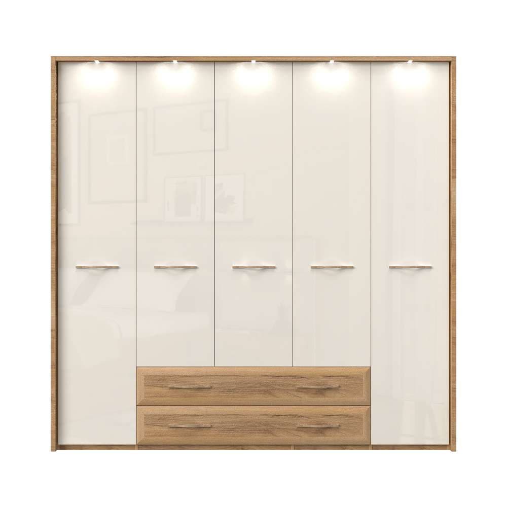 Home affaire Kleiderschrank »Gala, beige hochglänzend UV lackiert, kratzfest, FSC-zertifiziert«, (abgerundete Schubladen aus MDF im Holzdekor, soft-close), mit Beleuchtung und Passpartourahmen, hoher Schrank (224cm), 4 Breiten