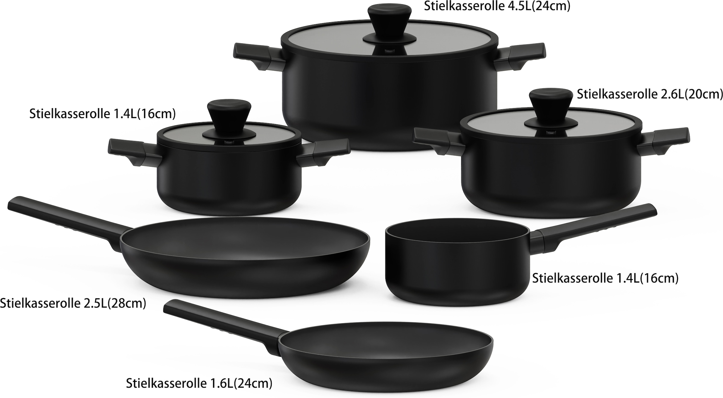 Hanseatic Topf-Set »ALU SCANDI, mit Antihaftbeschichtung« Set, Stielkasserolle 16 cm, Kochtopf 16/20/24 cm, Bratpfanne 24/28 cm, 9 tlg. Aluminium