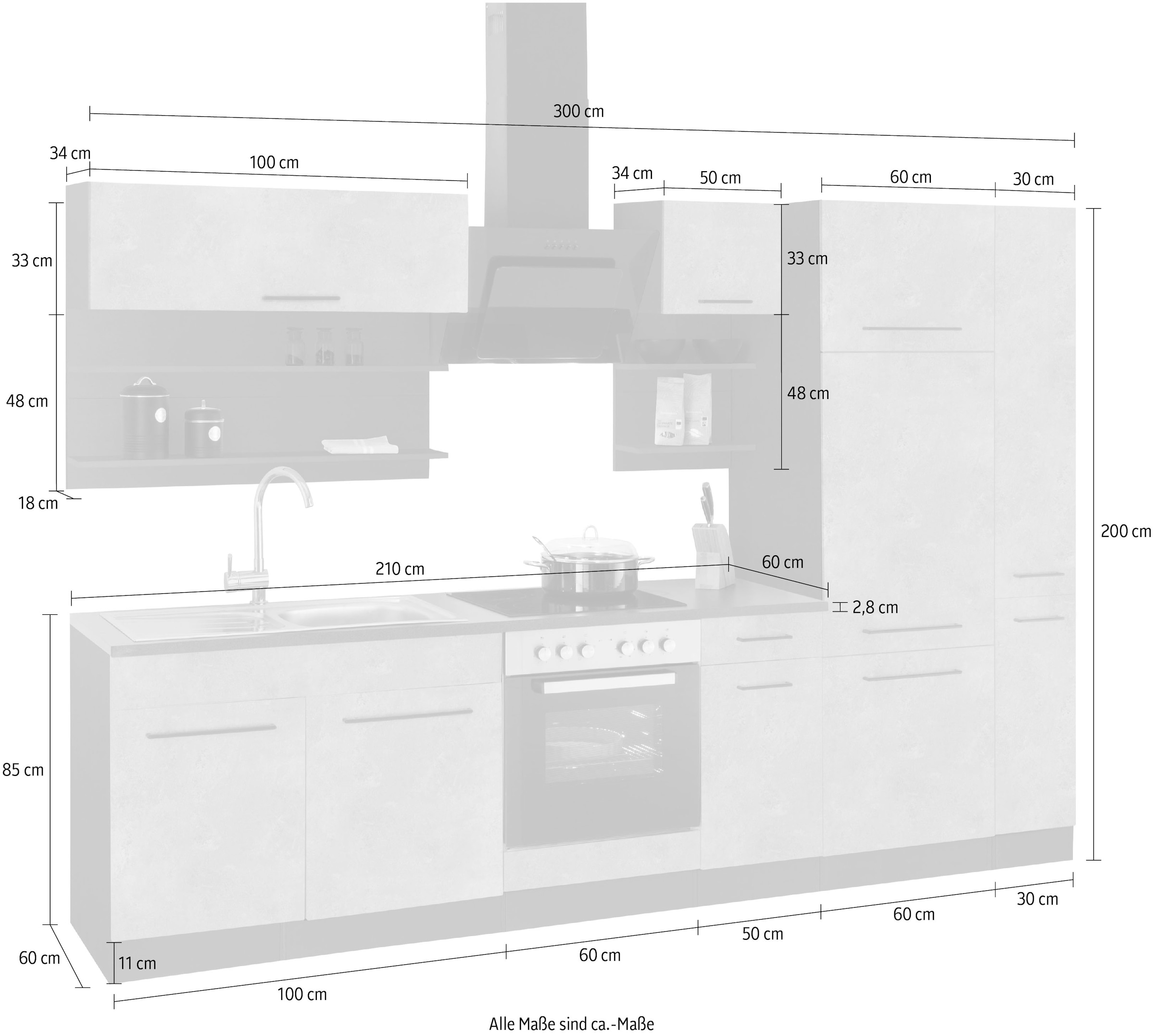 KOCHSTATION Küchenzeile »KS-Tulsa«, mit E-Geräten, Breite 300 cm, schwarze Metallgriffe, MDF Fronten