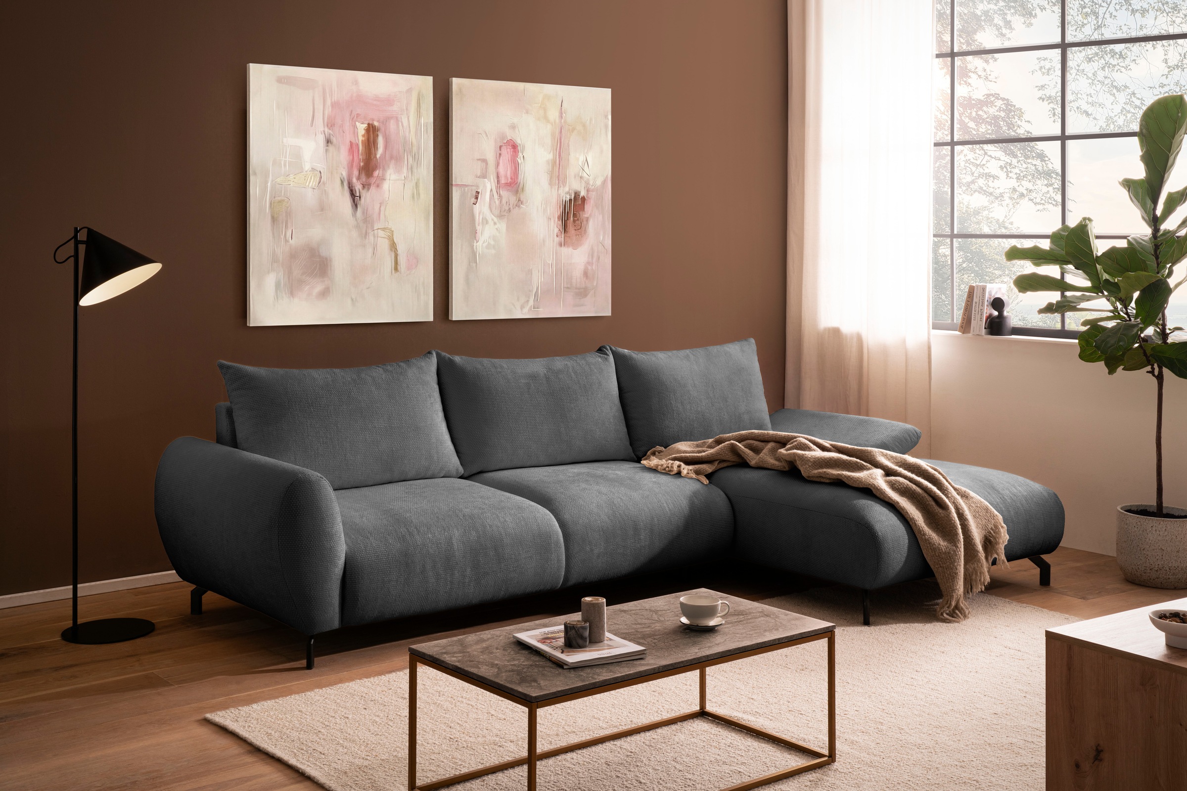 OTTO home Ecksofa »KELLIE, L-Form, 315 cm, verstellbare Armlehne, Metallfüße,« wahlweise Recamiere links o. rechts, Chenille-Stoff, hoher Sitzkomfort