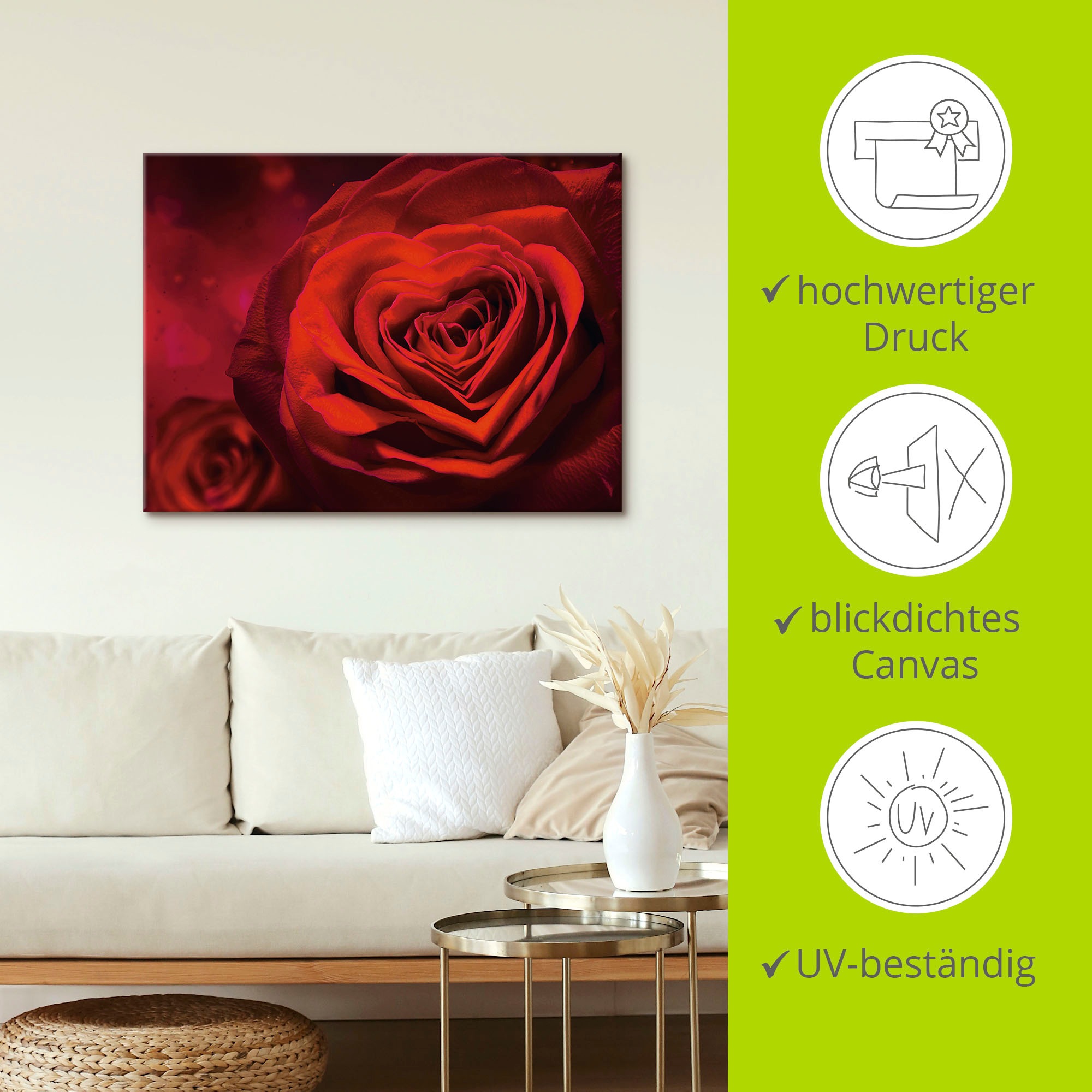 Artland Wandbild »Valentinseinladung mit Herzen und Rosen«, Blumen, (1 St.), als Leinwandbild, Poster, Wandaufkleber in verschied. Größen