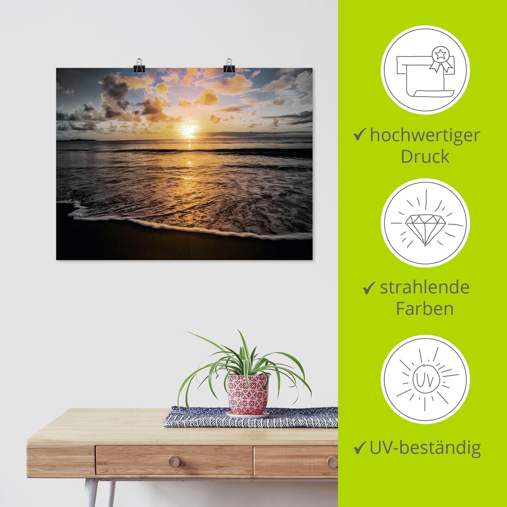 Artland Poster »Tropischer Sonnenuntergang am Strand«, Sonnenaufgang & -untergang, (1 St.), als Leinwandbild, Wandaufkleber oder Poster in versch. Größen