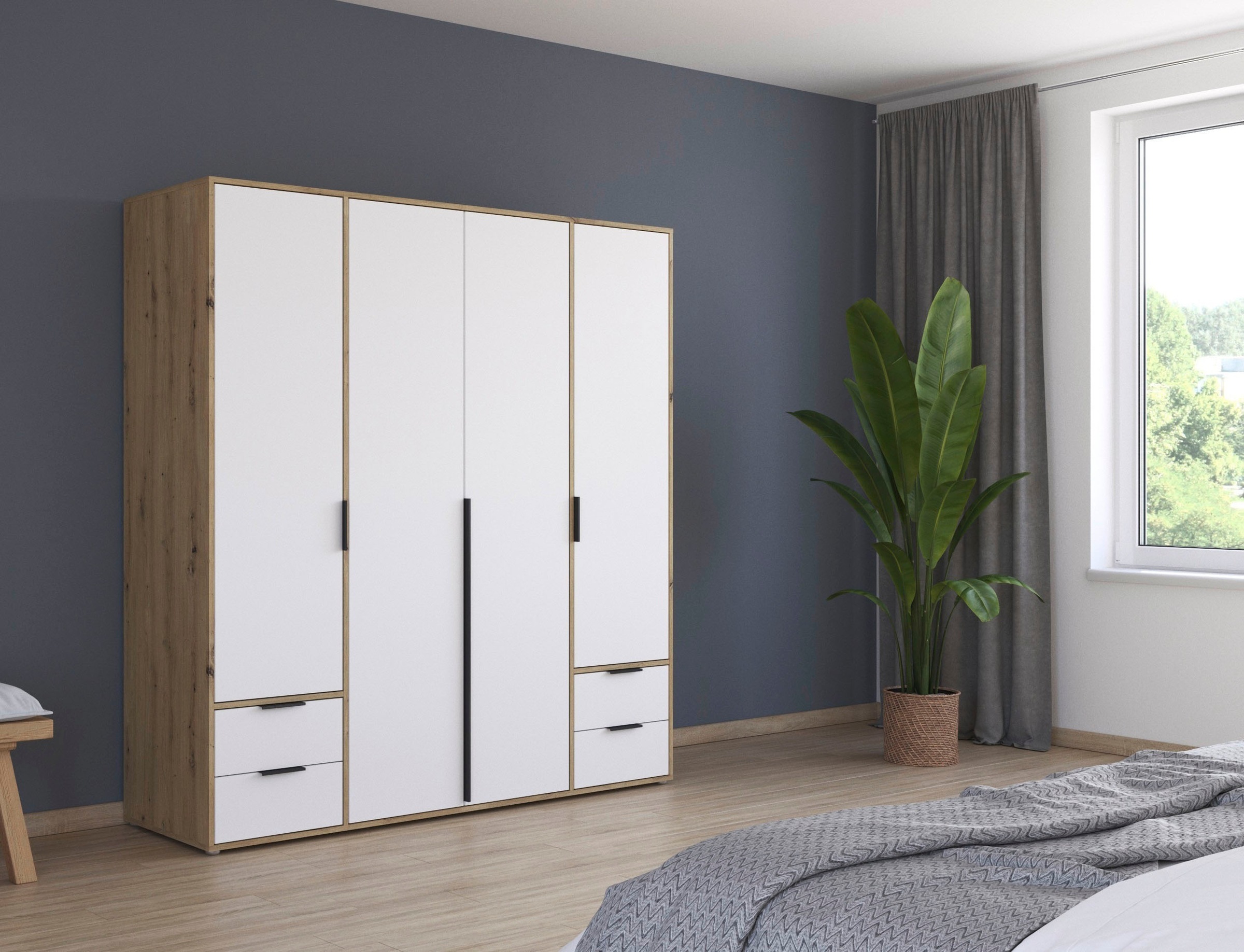 rauch Drehtürenschrank »Kleiderschrank Schrank Garderobe Wäscheschrank NAGATA viel Stauraum«, (in 3 verschiedenen Ausstattungen BASIC/CLASSIC/PREMIUM), mit Schubladen sowie Stangengriffen TOPSELLER MADE IN GERMANY