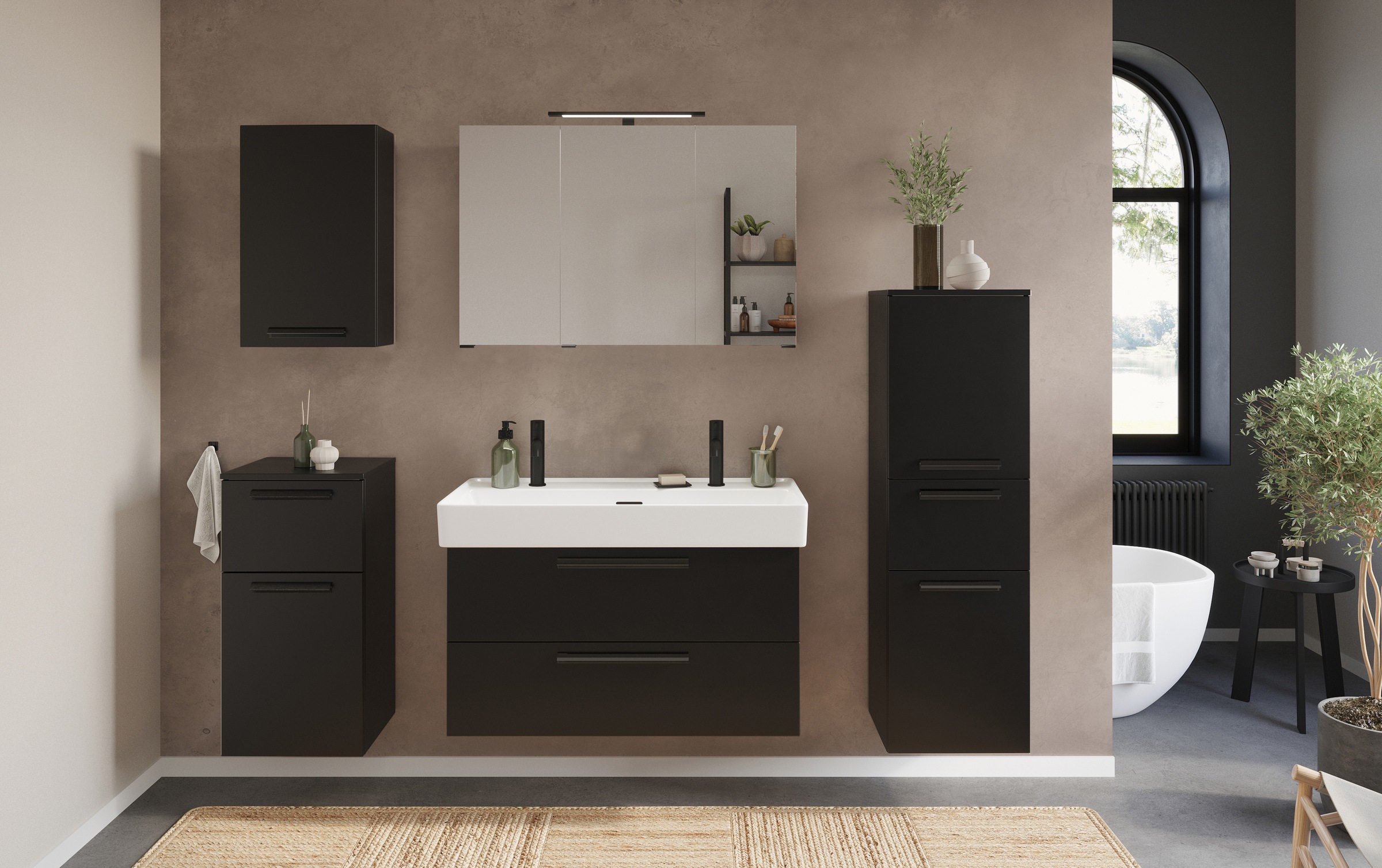 welltime Badmöbel-Set »SALVADA, 5tlg-Set, gedämpfte Scharniere, Softclose, Keramikbecken« Maße (B/T/H): 180/47,5/200 cm, 