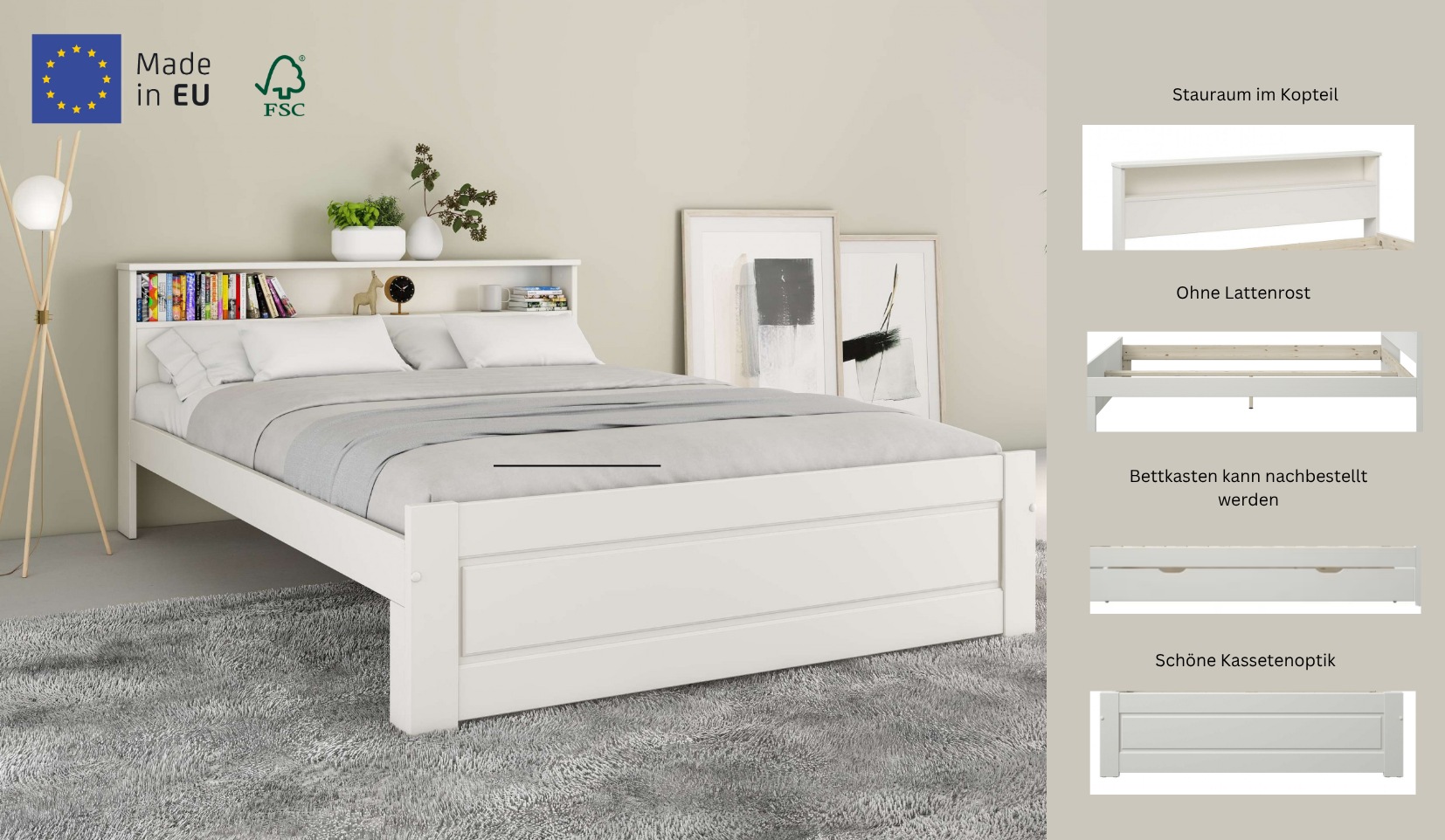 OTTO home Massivholzbett »FLAVION, TOPSELLER! Jugendbett, FSC® zertifizierte massive Kiefer« Breite: 140,  Qualitätsprodukt, Regal, Kassettenoptik, Schublade optional