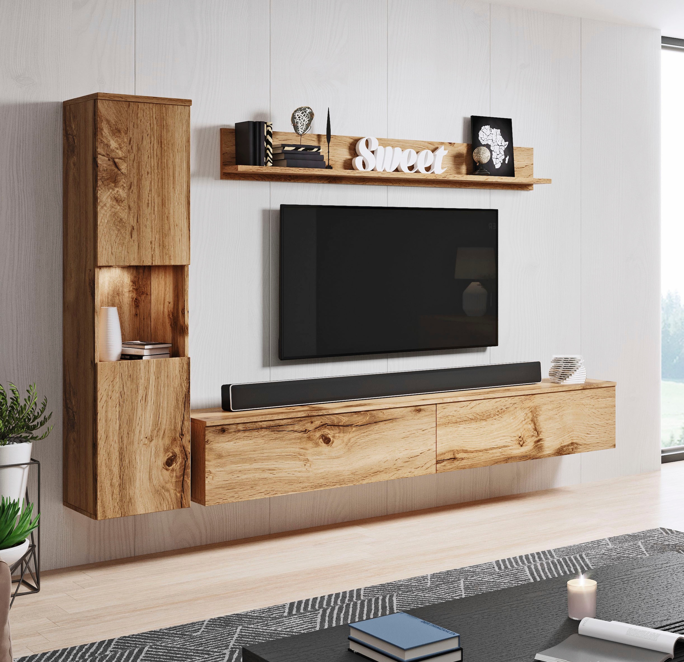 INOSIGN Wohnwand »PARIS«, (Komplett-Set, 3 St.), TV-Wand 220cm breite, grifflose Design, stehend und hängend montierbar