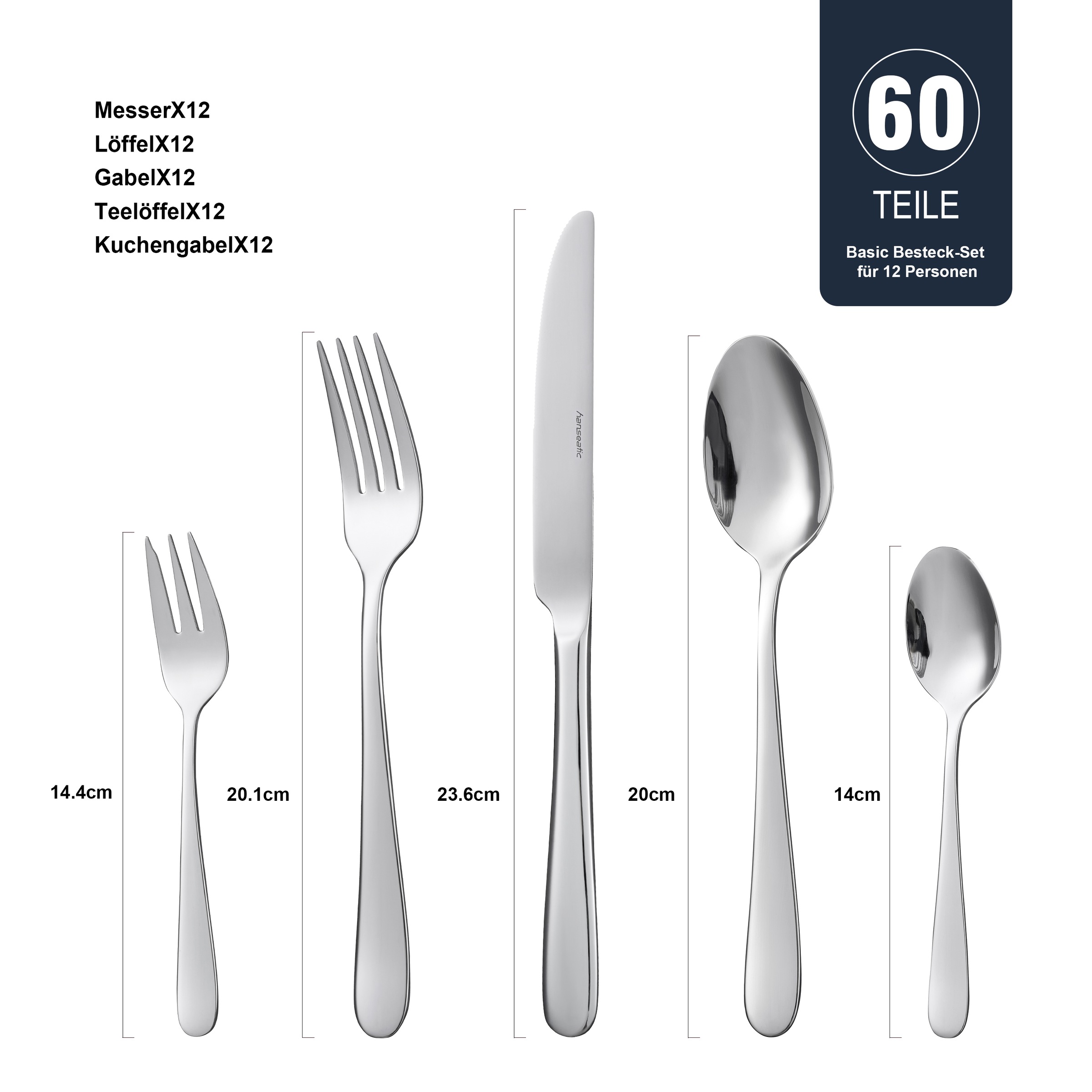 Hanseatic Besteck-Set »BASIC«, (Set, 60 tlg.), modischer Klassiker