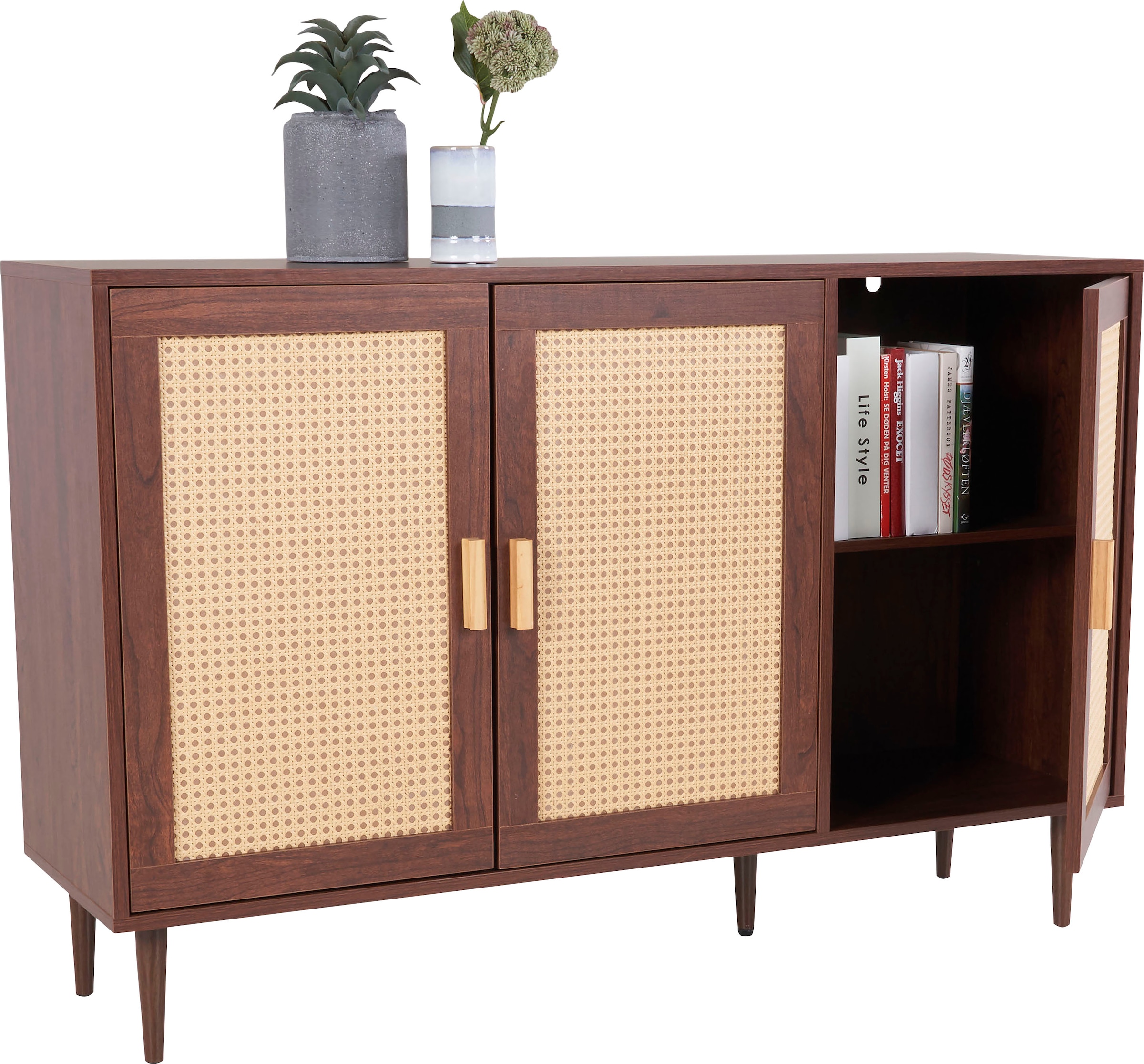 Homexperts Sideboard »Andy«, Kiefer Optik, Rattan, kiefer griff, 3 Türen & 2 Einlegeböden