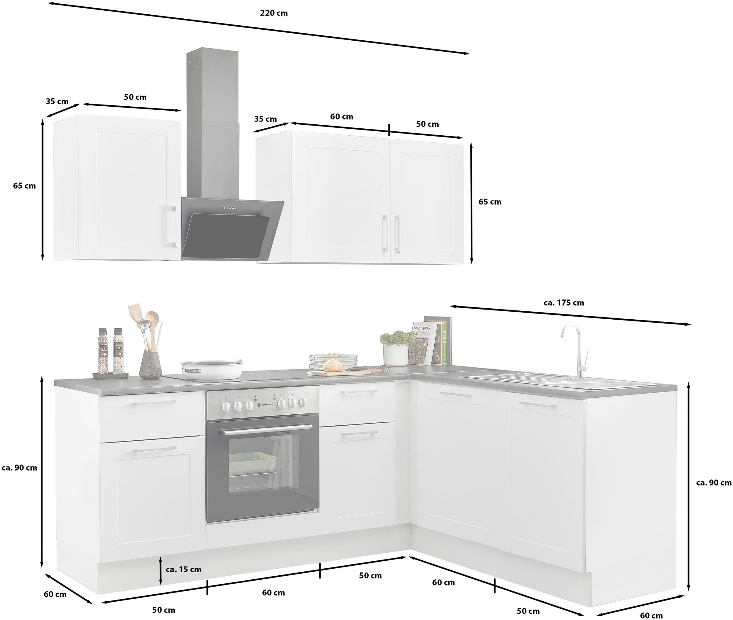 BASIC by Balculina Winkelküche »Marsi«, Stellmaße 220x175 cm, wahlweise mit E-Geräten, Soft-Close-Funktion