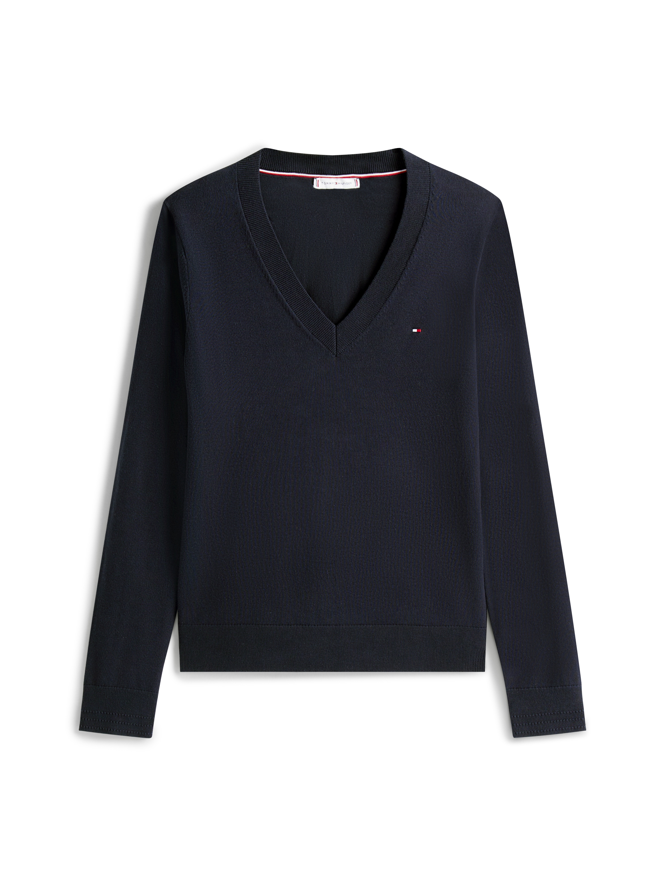 Tommy Hilfiger V-Ausschnitt-Pullover »CO JERSEY STITCH V-NK SWEATER« Kontrastfarbene Streifen im Ausschnitt und Logo Stickerei am Ärmel