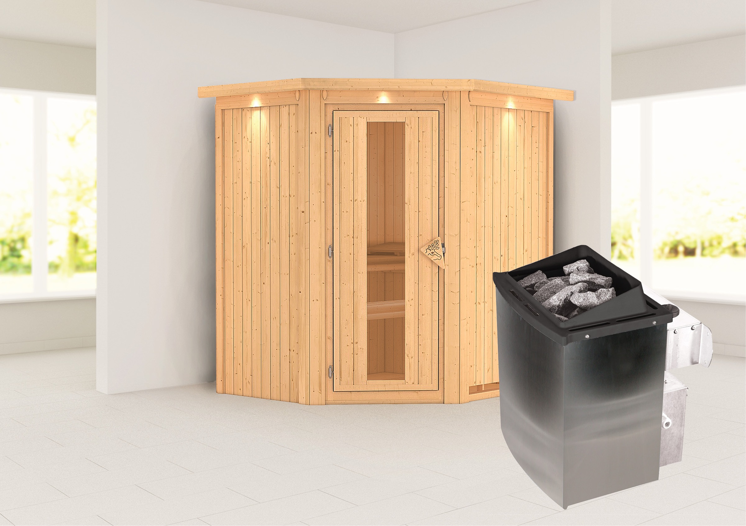 Karibu Sauna »»Liyah« mit Energiespartür Kranz naturbelassen«, in verschied günstig online kaufen