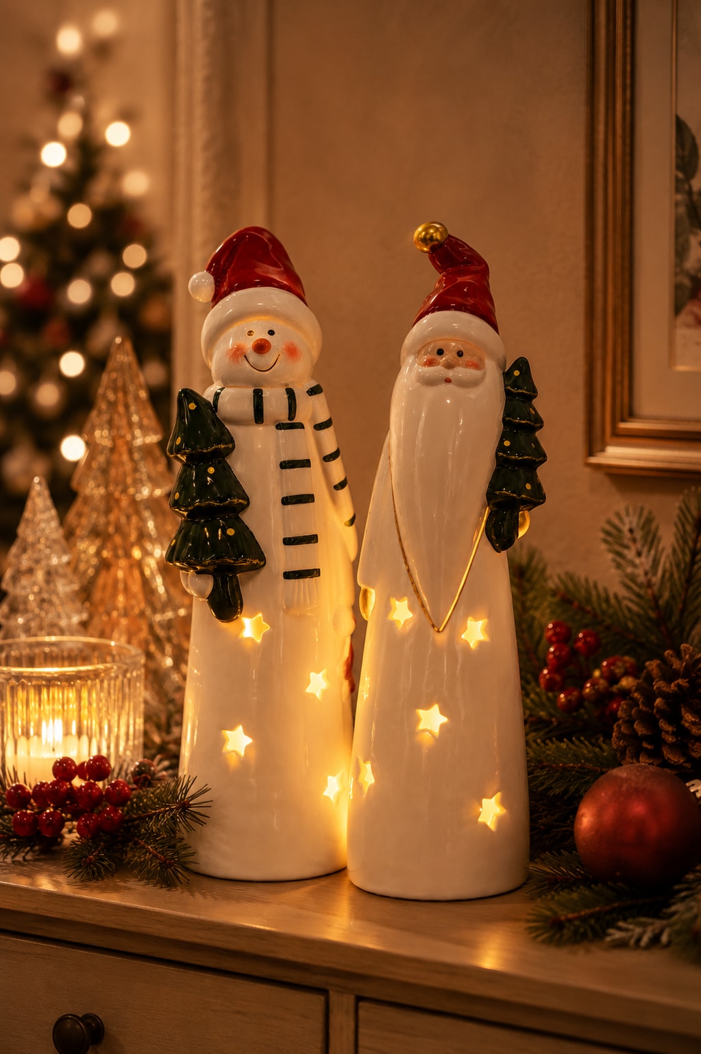OTTO home Teelichthalter »Deko Weihnachten Eeske, aus Porzellan detailreich bemalt« Weihnachtsmann und Schneemann im 2er Set, jeweils ca.31cm hoch
