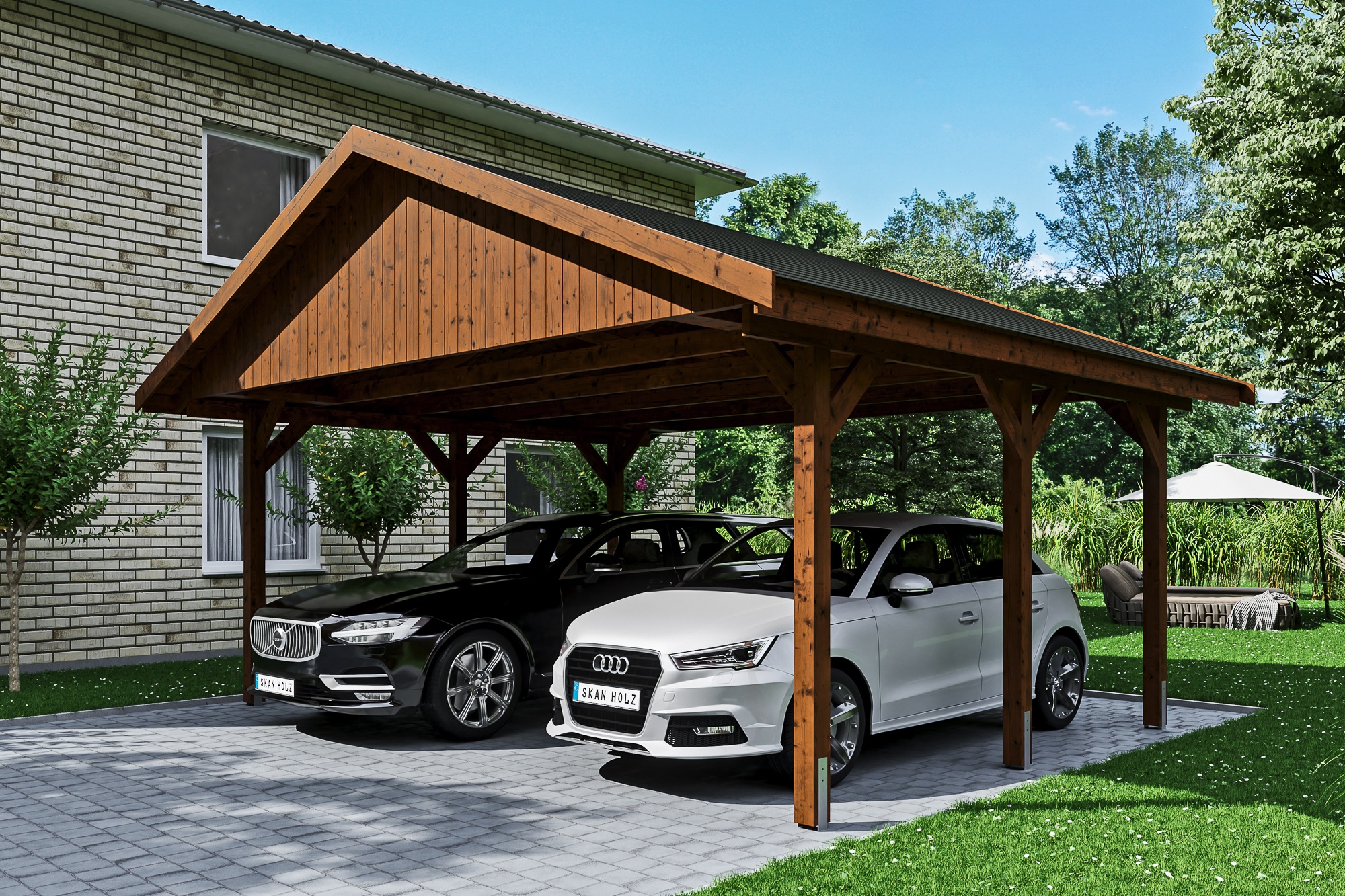 Skanholz Doppelcarport »Wallgau«, 530 cm, Nussbaum, mit schwarzen Dachschindeln
