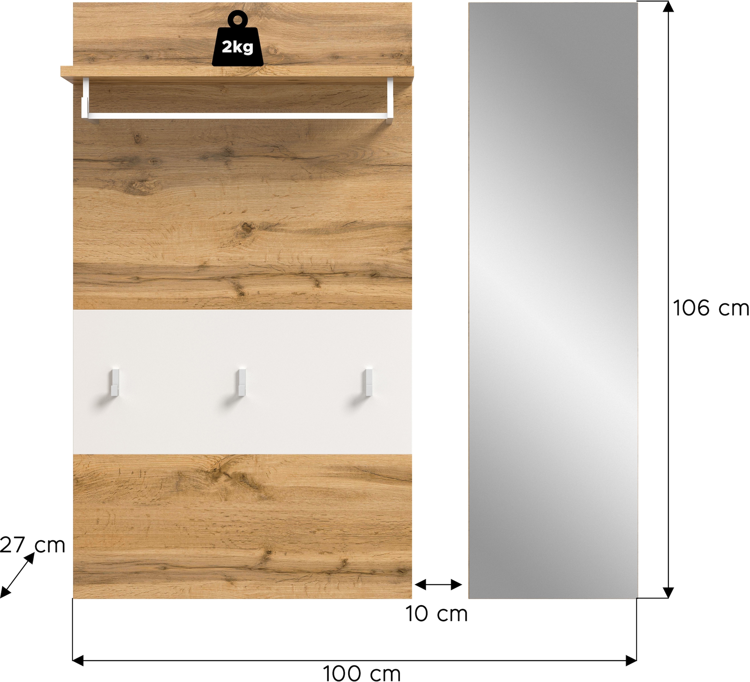 INOSIGN Garderobenpaneel »AOSTA-PANEEL«, (2 St.), Paneel mit Spiegel, Breite: 60 cm, Garderobe, Flur, Diele