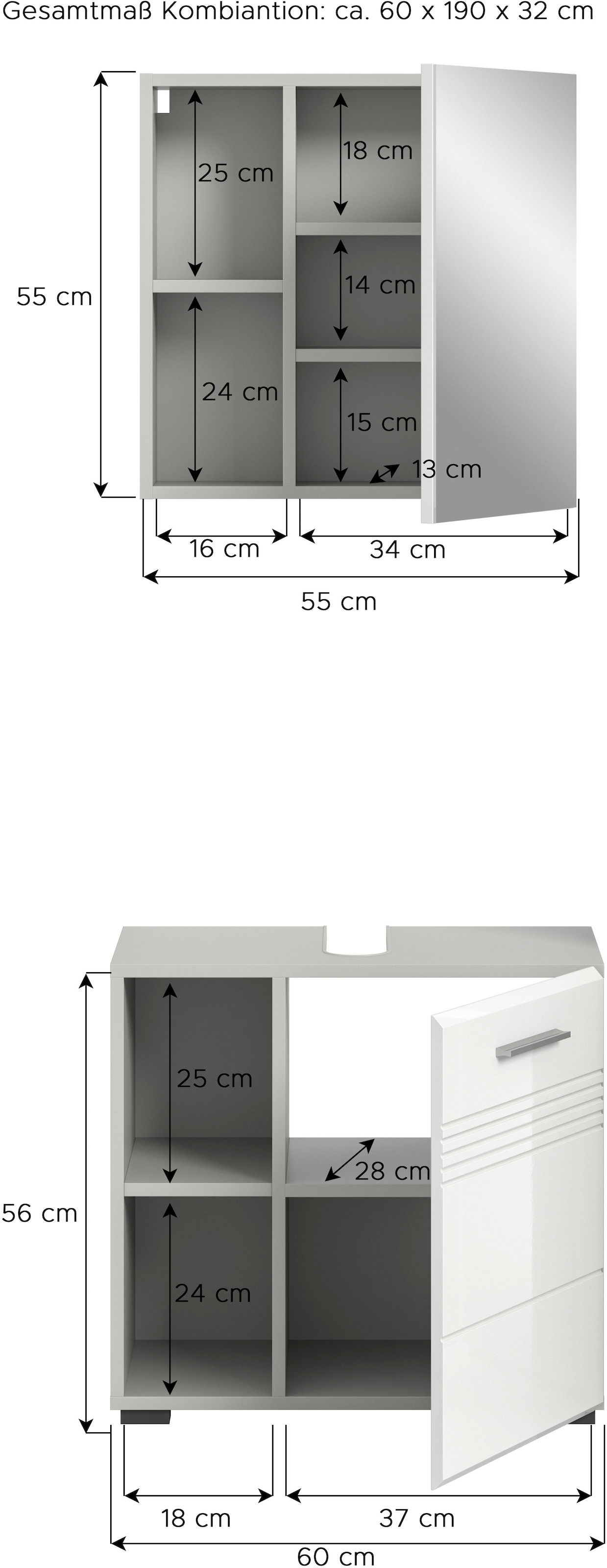 welltime Badmöbel-Set »Calicio, bestehend aus: Waschbeckenunterschrank, Spiegelschrank«, (2 St.), hochwertige MDF Front mit Rillenfräsung