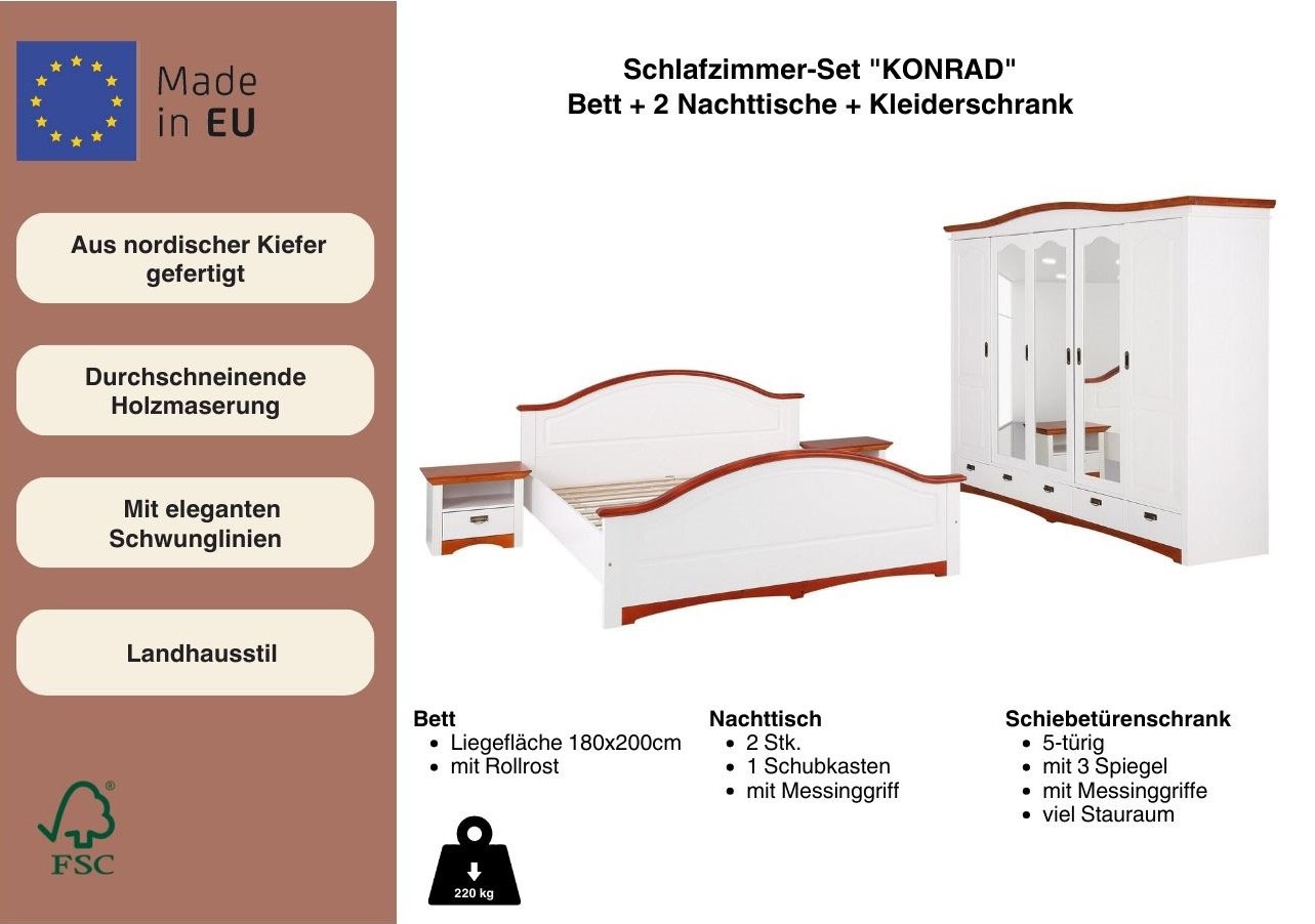 Home affaire Schlafzimmer-Set »"Konrad", komplettes Schlafzimmer mit großem Schrank«, (Set, 4 tlg., Kleiderschrank 5 türig mit Schubladen, 2 Nachttische, Bett 180x200cm), mit 5-trg. Kleiderschrank, Bett 180/200 cm und 2 Nachttischen