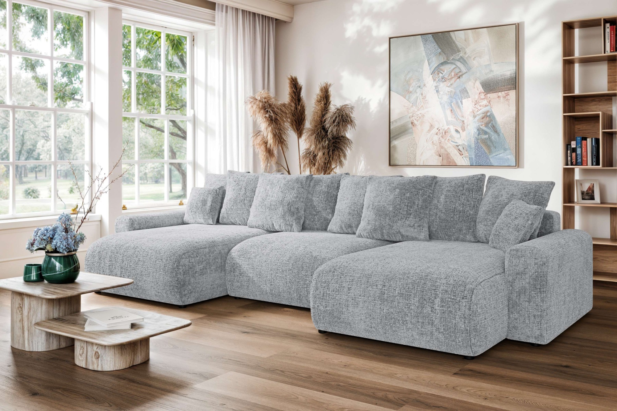 Home affaire Wohnlandschaft »LAKESIDE mit Bettfunktion und Bettkasten, Maße B/T/H: 332,5/142/84 cm«, U‑Form mit vielen Kissen und Wellenunterfederung