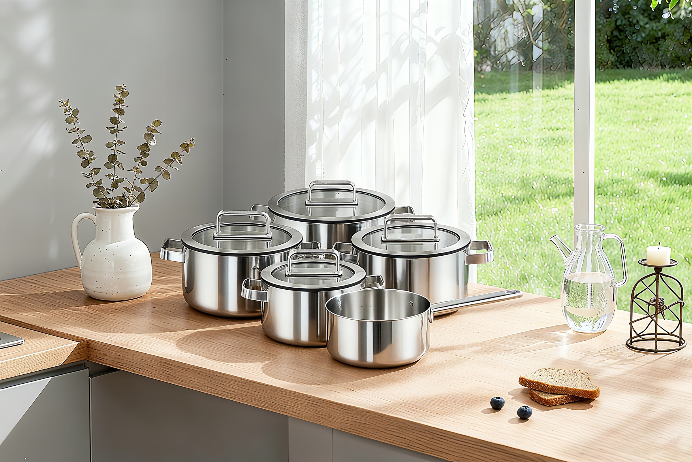 Hanseatic Topf-Set »PREMIUM«, Edelstahl, (Set, 9 tlg., Kochtopf 1x 16 cm / 2x 20 cm / 1x 24 cm, Stielkasserolle 16 cm), handfreundliche Griffe, Literskala, Glasdeckel, Induktion