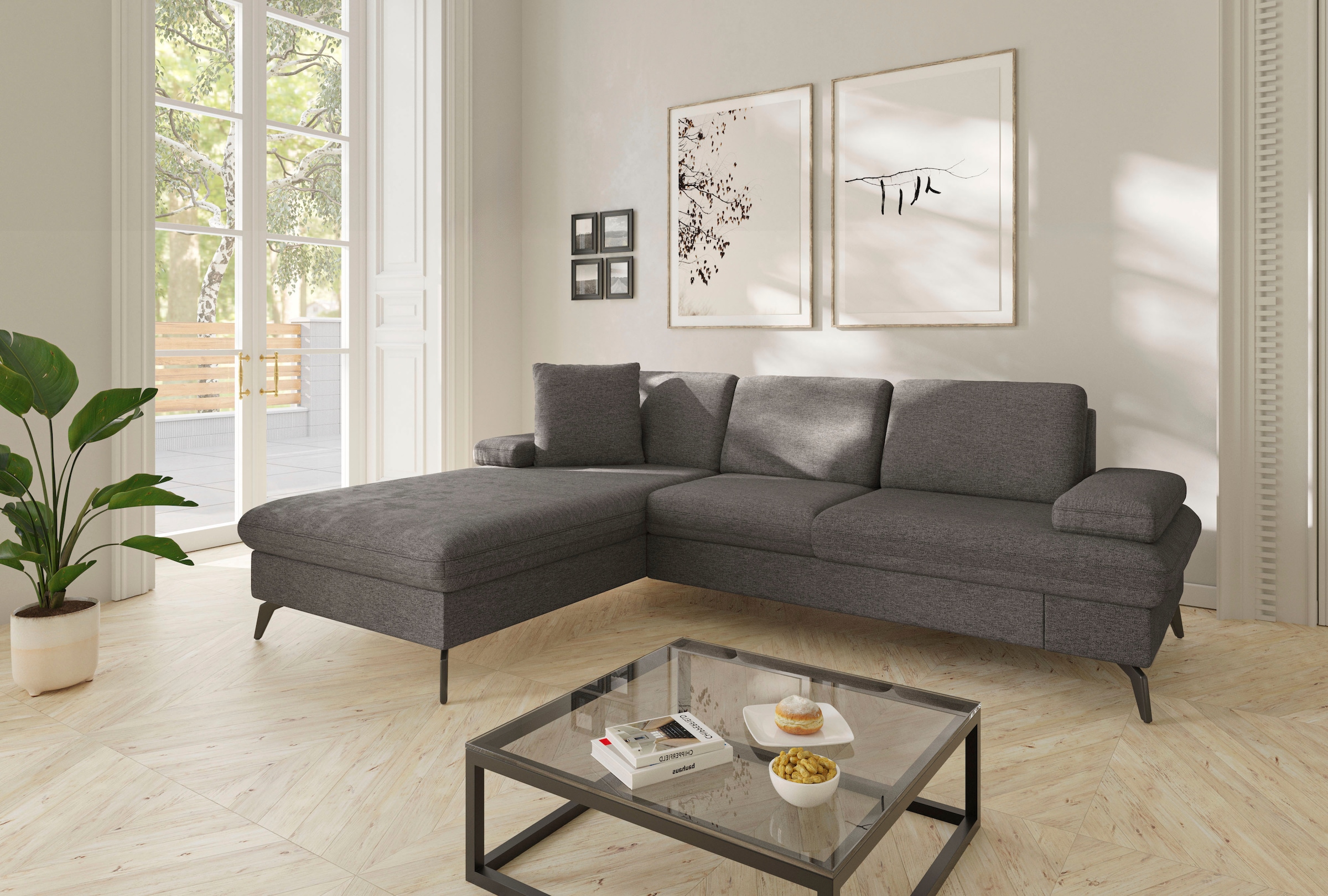 SIT&MORE Ecksofa »Morris Jubi L-Form, B: 247 cm« mit Armteilfunktion & 1 Zierkissen, optional Bettfunktion walnut