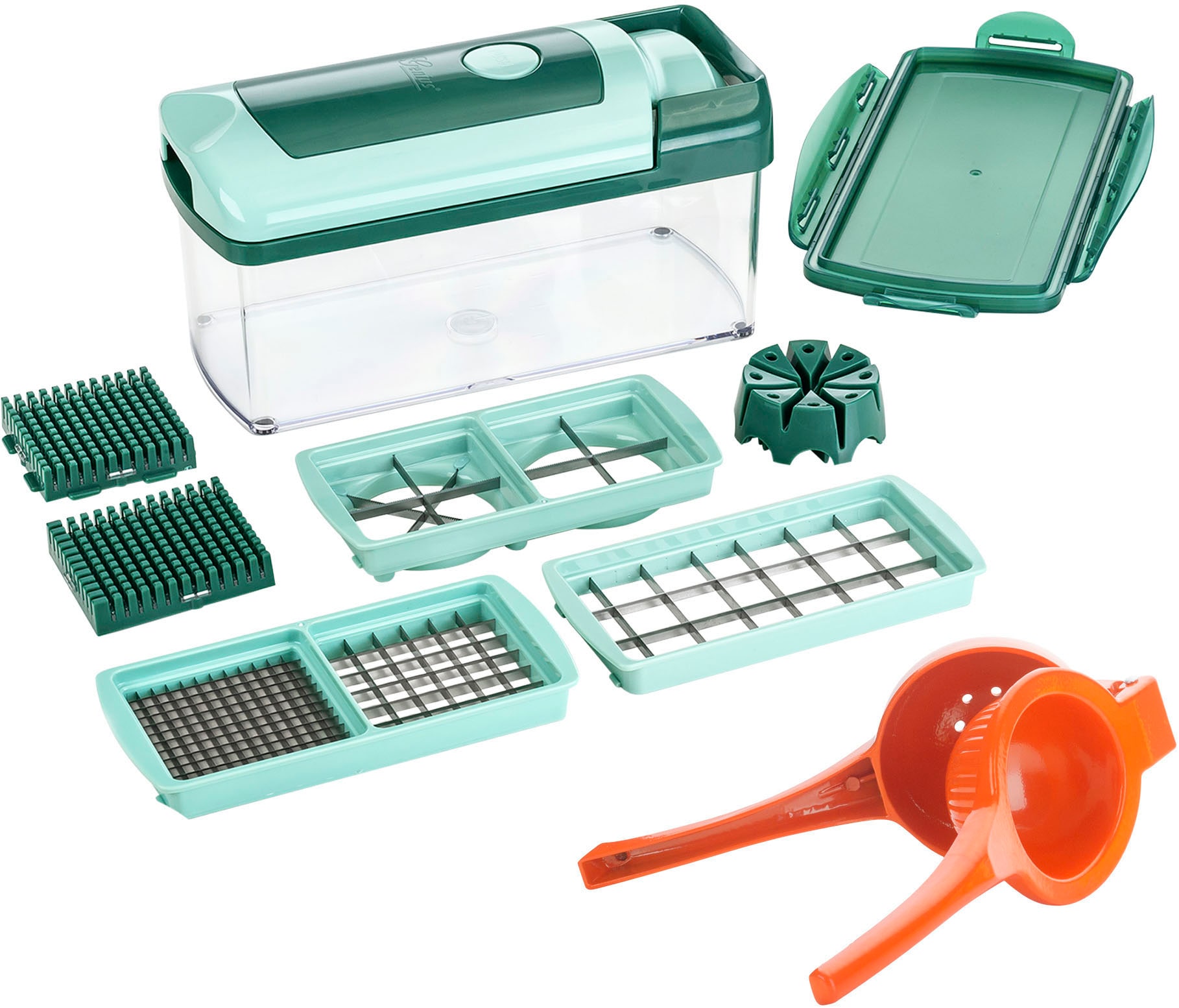 Genius Zerkleinerer »Nicer Dicer Fusion inkl. Zitruspresse groß, Set 11-tlg«, Schneidgerät für Würfel, Stifte, Scheiben Spiralen u.v.m.