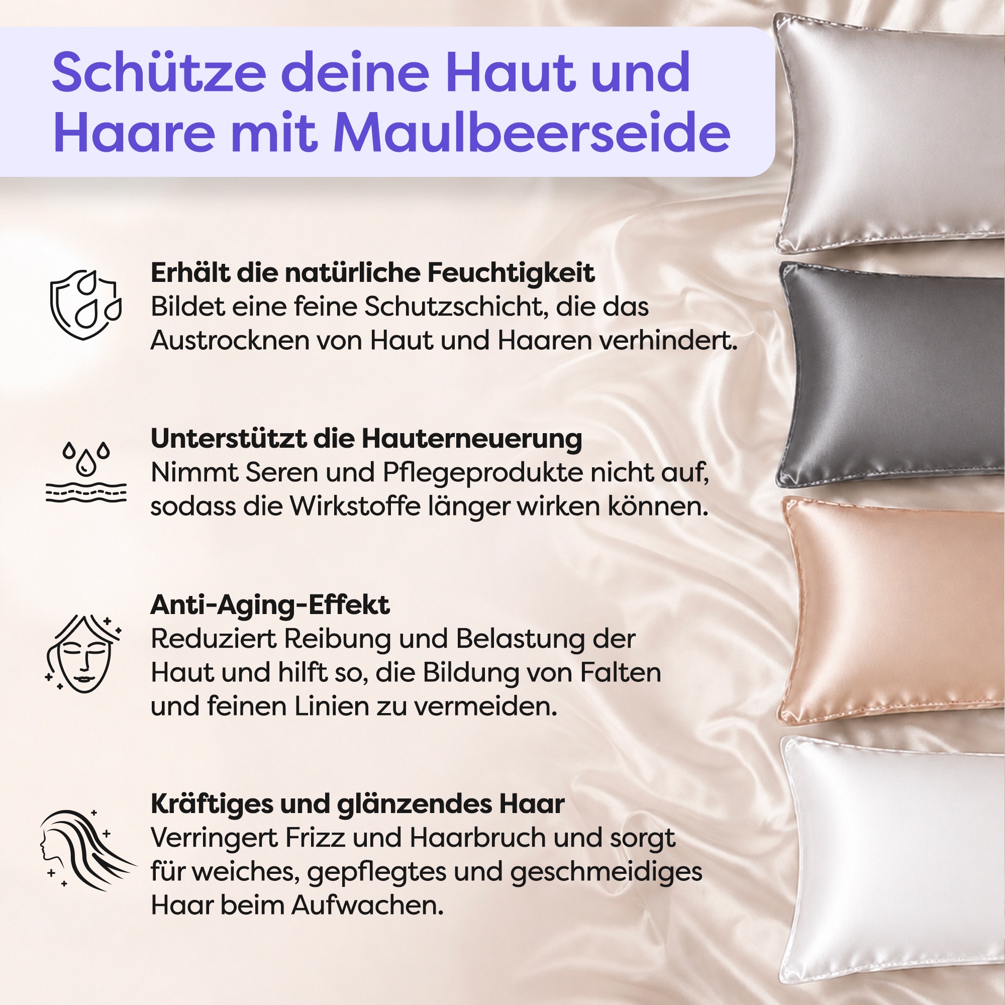 Wolkenfeld Kissenbezug »Seidenkissenbezug 100 % Maulbeerseide, 22 Momme, 6A, 40x80, OEKO-TEX« Sanft zu Haut und Haar, mit verdecktem Hotelverschluss & Geschenkbox