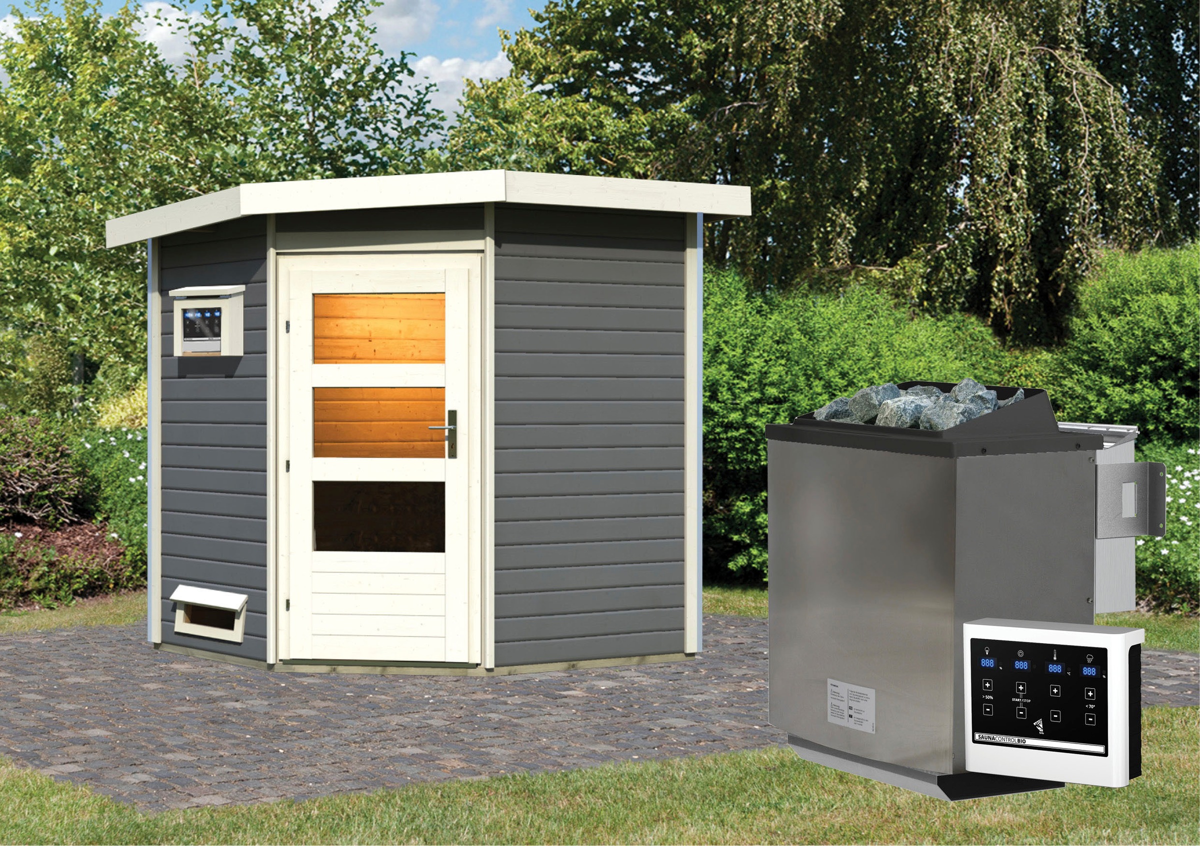 Karibu Saunahaus »Fiete«, moderne Tür, Ofen 9 kW Bio ext. Strg.