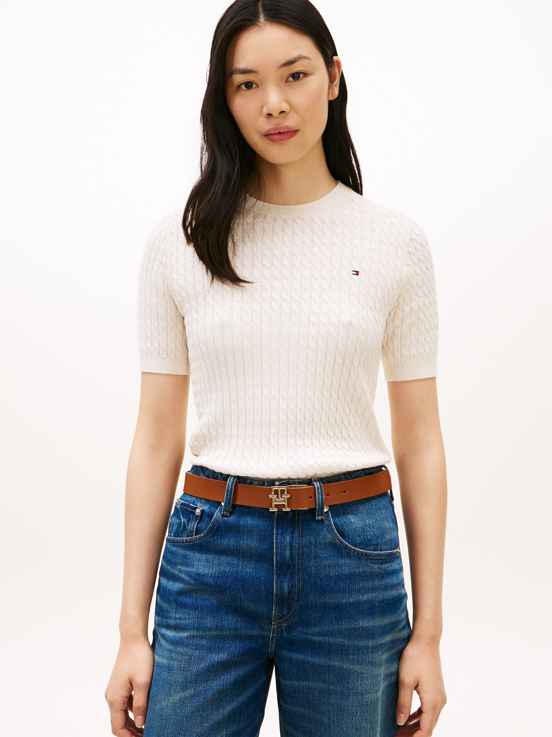 Tommy Hilfiger Kurzarmpullover »CO CABLE RWB C-NK SS SWT« Baumwolle, mit Zopfmuster