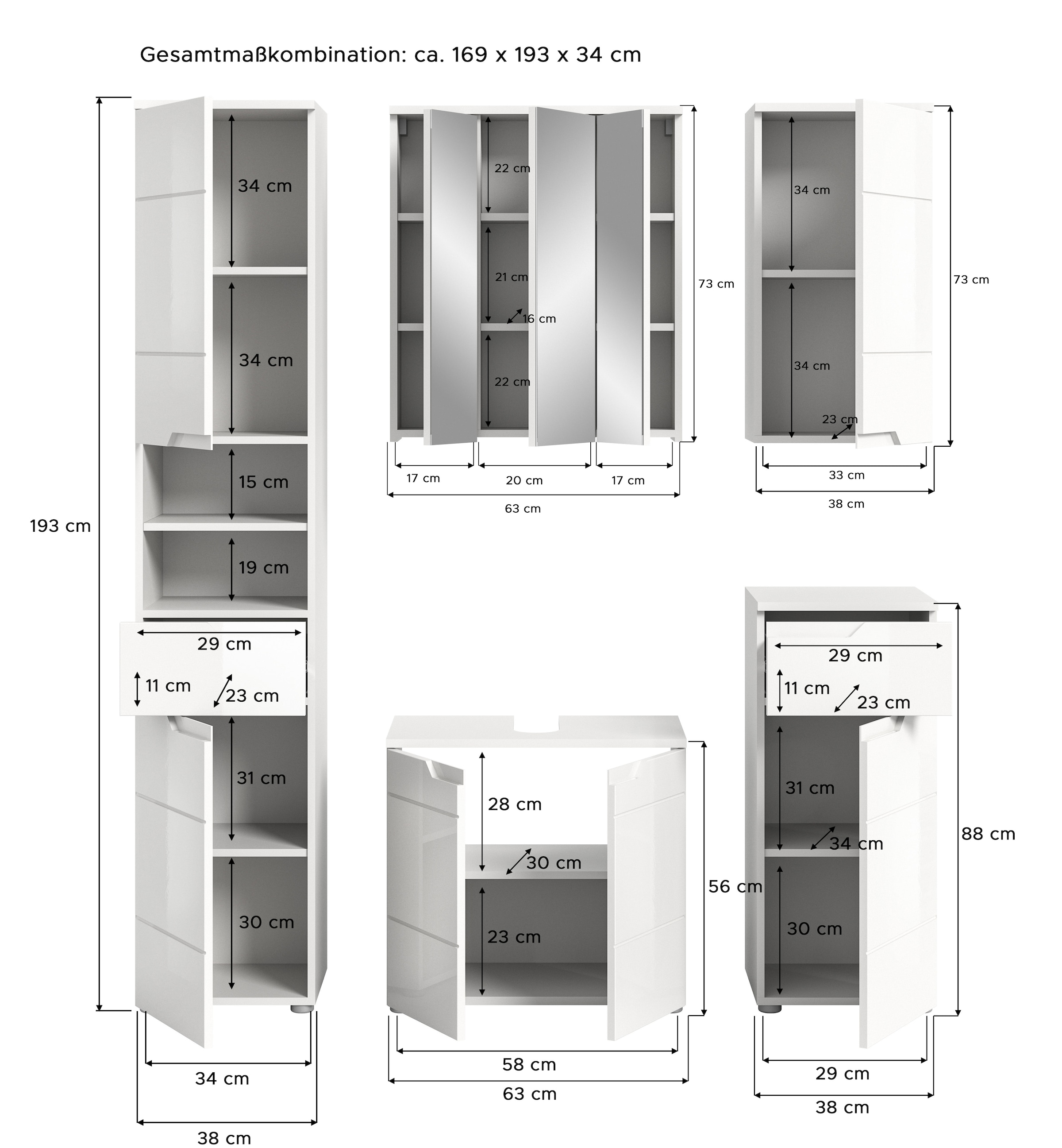 INOSIGN Badmöbel-Set »CAPRI, 5-teilig, mit eingefasster Griffmulde, bestehend aus:«, Hochschrank, WBU, Spiegelschrank, Unterschrank und Hängeschrank