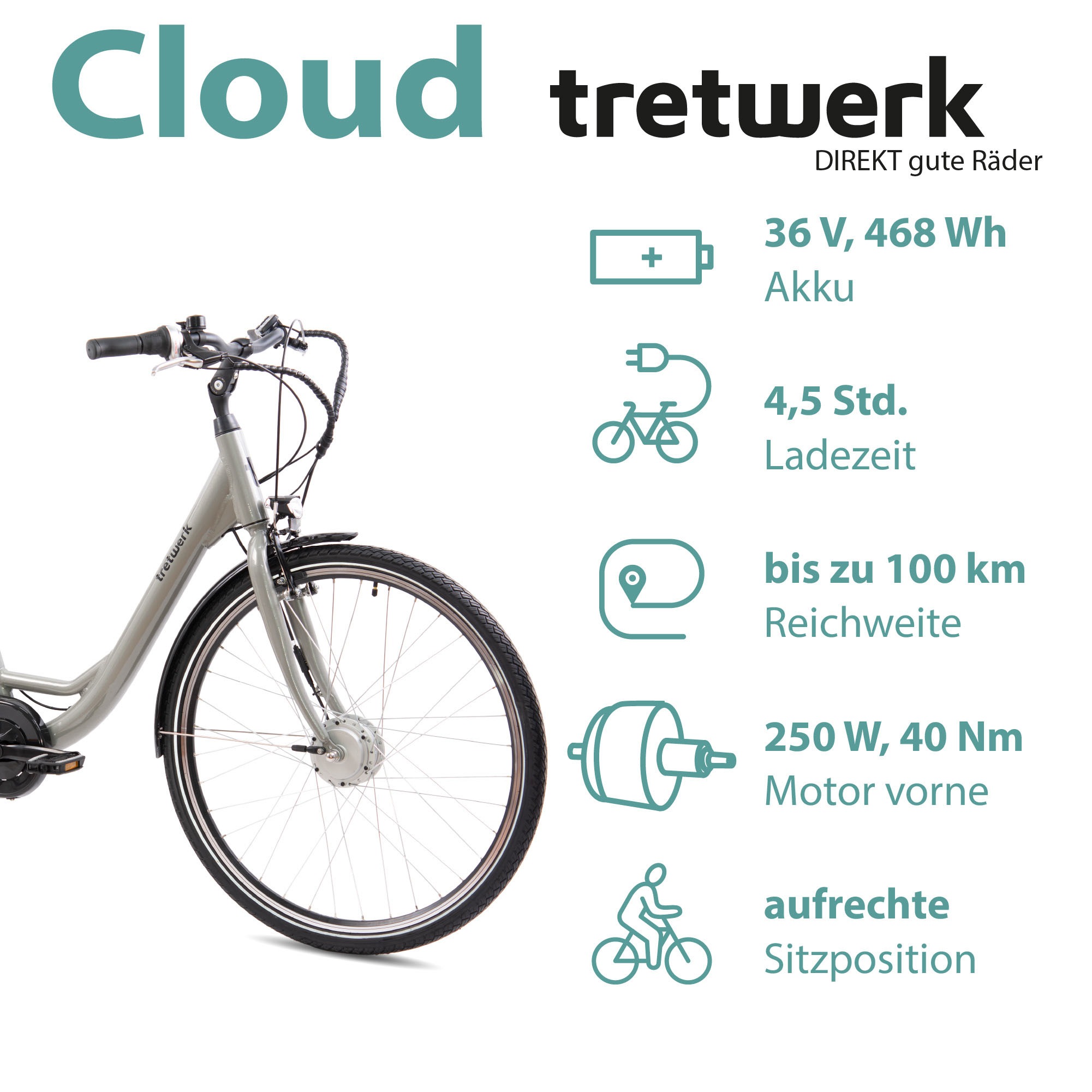 Tretwerk E-Bike »Cloud«, 7 Gang, Shimano, Frontmotor 250 W, (im Retro-Stil), Pedelec, Elektrofahrrad für Damen u. Herren